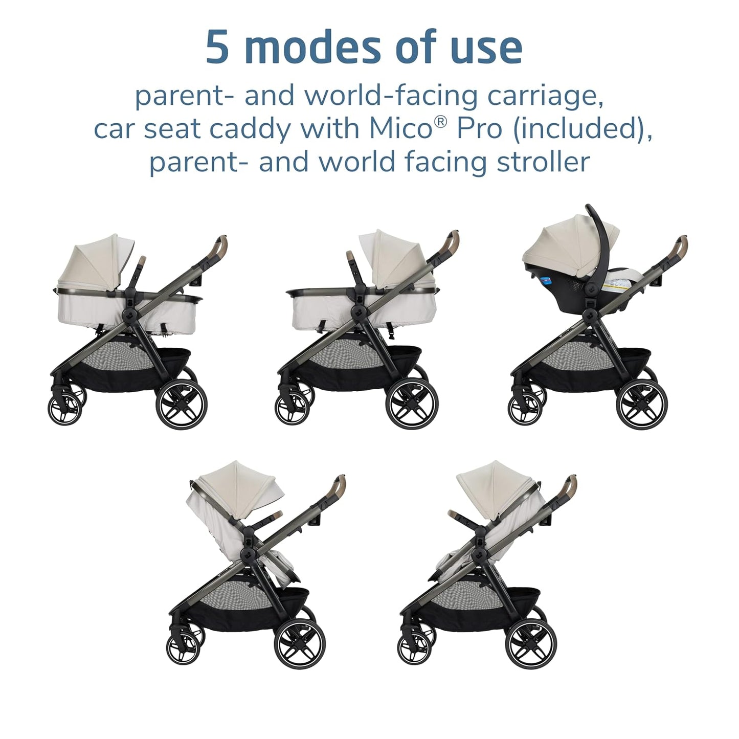 Maxi-Cosi Zelia Pro 5-in-1 Travel System with Mico Pro Infant Car Seat and Baby Stroller Combo, Reversible Seat, Large Wheels, Adjustable Handle, Newborn to Toddler, Lightweight, Classic Oat