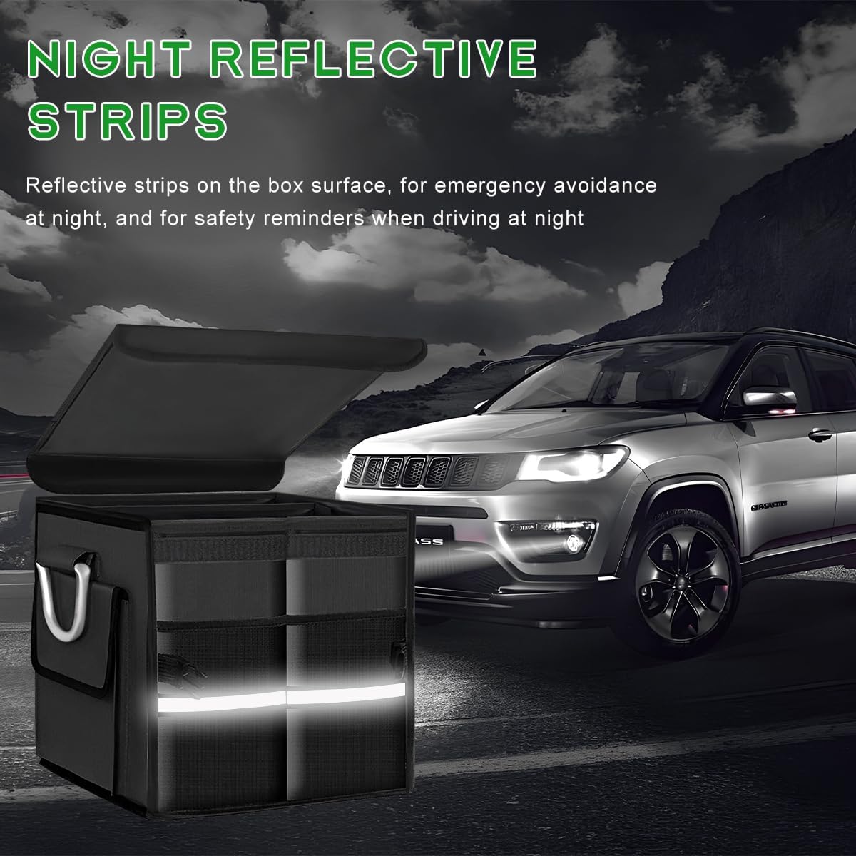 Trunk Organizer with Lid, 28L Collapsible 2-Compartment Car Storage Box with Reinforced Handles, Multipurpose Waterproof Oxford Storage Organizer for SUVs Sedans Trucks (Black)