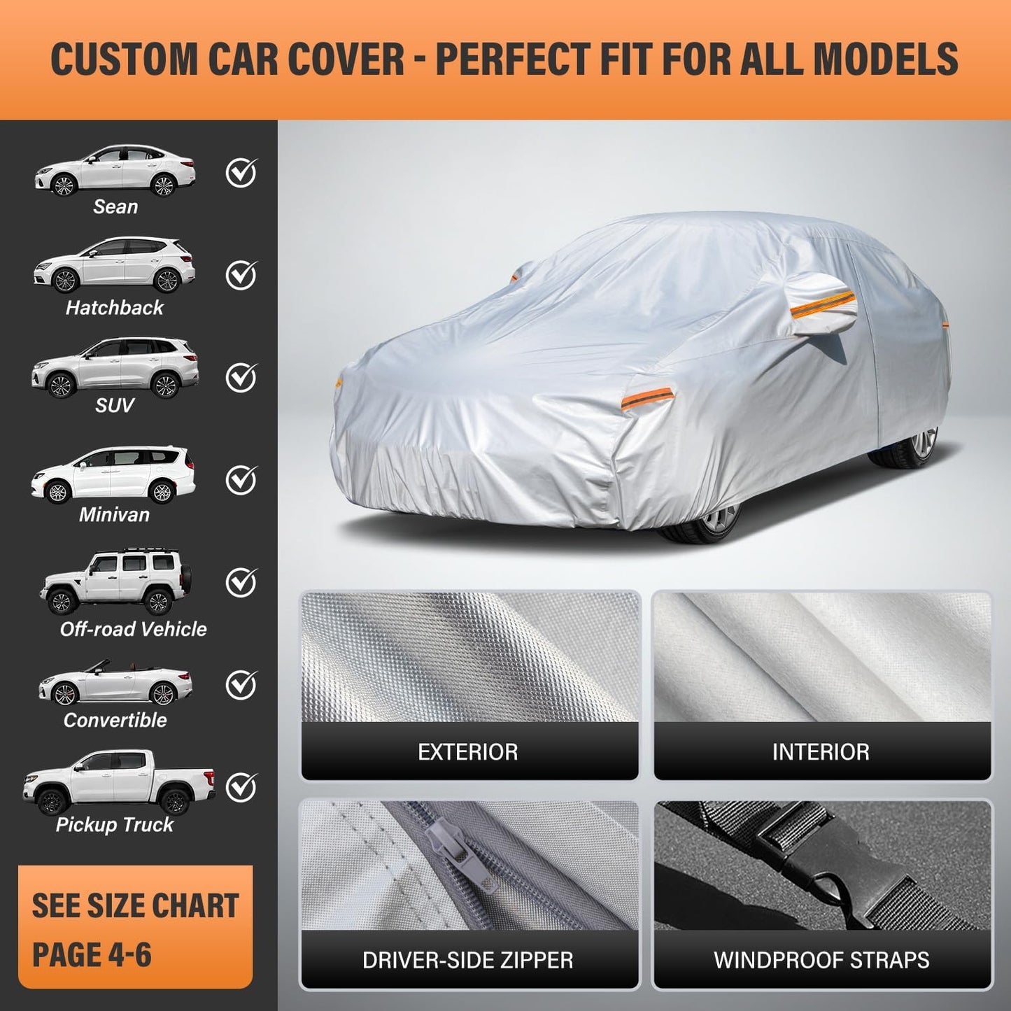 Kayme Sedan Car Cover Waterproof All Weather for Automobiles - See Vehicle Size Chart for Accurate Fit - Outdoor Full Exterior Cover Sun Rain Snow UV Protection with Zipper. Size A4 (See Size Chart)