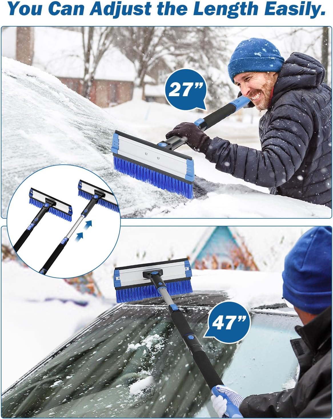 JOYTUTUS 47.7″ Extendable Snow Brush and Ice Scraper, 270° Pivoting Snow Scraper Brush for Car Windshield, Telescoping Ice Scraper, Foam Grip, Heavy Duty Snow Remover for Cars, Trucks, SUV (Blue)
