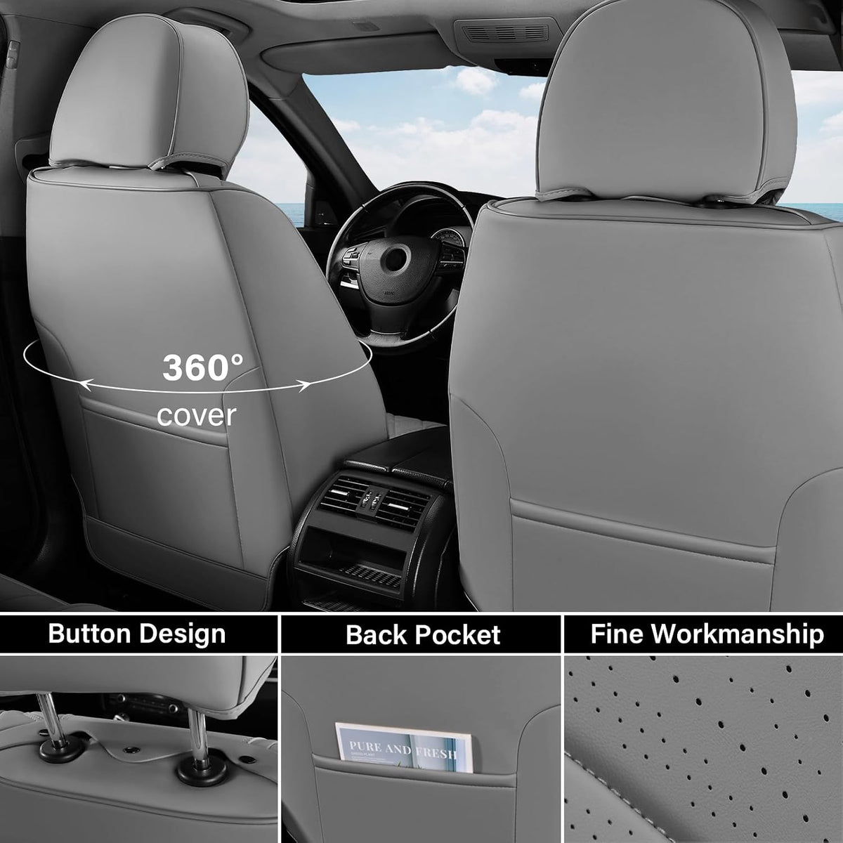Coverado Car Seat Covers Full Set, Nappa Leather Seat Covers, Waterproof Car Seat Protector with Lumbar Support, Automotive Seat Covers Universal Fit for Most Cars SUV Trucks (Black-Gray)