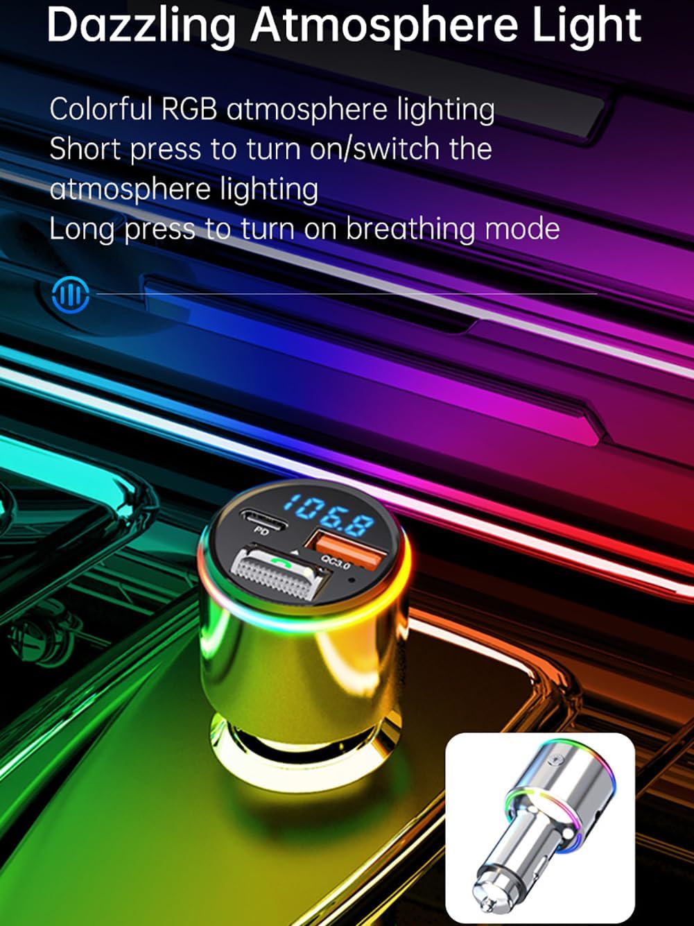 Upgraded V5.3 FM Bluetooth Transmitter Car, Full Metal Bluetooth Car Adapter, Hi-Fi Bass Sound, PD 30W & QC 18W, Handsfree Calls, 7 LED Colors, AUX Output