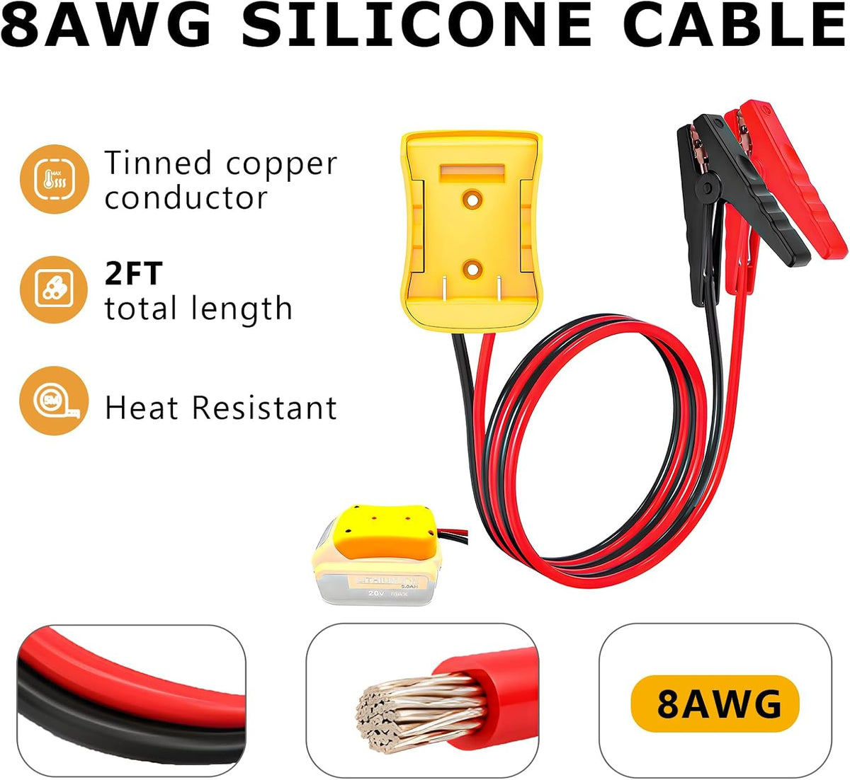 Jumper Cables for Car with Adapter, Automotive Booster Cable Power Tool with 8AWG 2FT Silicone Wire, Portable Battery Jump Starter Compatible with 20V Vehicle Batteries