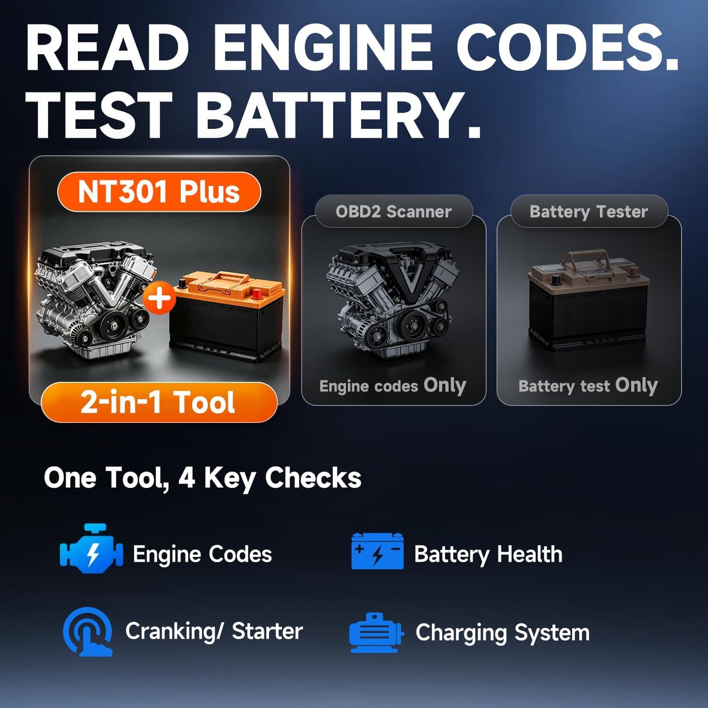 2-in-1 FOXWELL NT301 Plus OBD2 Scanner with 12V Battery Tester, Check Engine Light Code Reader, Car Battery/Starter/Charging System Test, Live Data Diagnostic Tool for 1996+ OBDII Vehicles