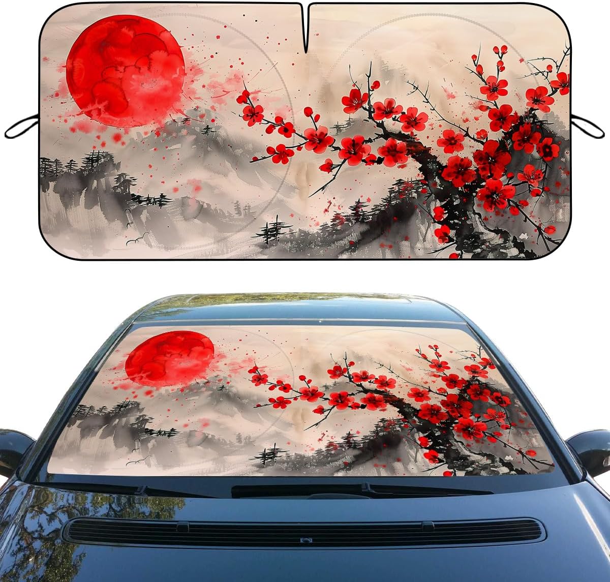 Japanese Cherry Blossoms Car Windshield Sunshade - Folding Red Sun Heatshield Front Window Sun Shade Visor Protector for Sedan, Truck, SUV - 59" L x 31.5" W