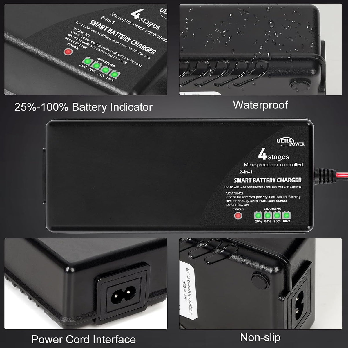 ULTRAPOWER 14.6V 10A LiFePO4 Battery Charger,Smart Battery Charger for 12V LFP Batteries and Lead Acid Battery,4LEDs Indicator,Fast Charging,High Efficiency for Deep Cycle Batteries.