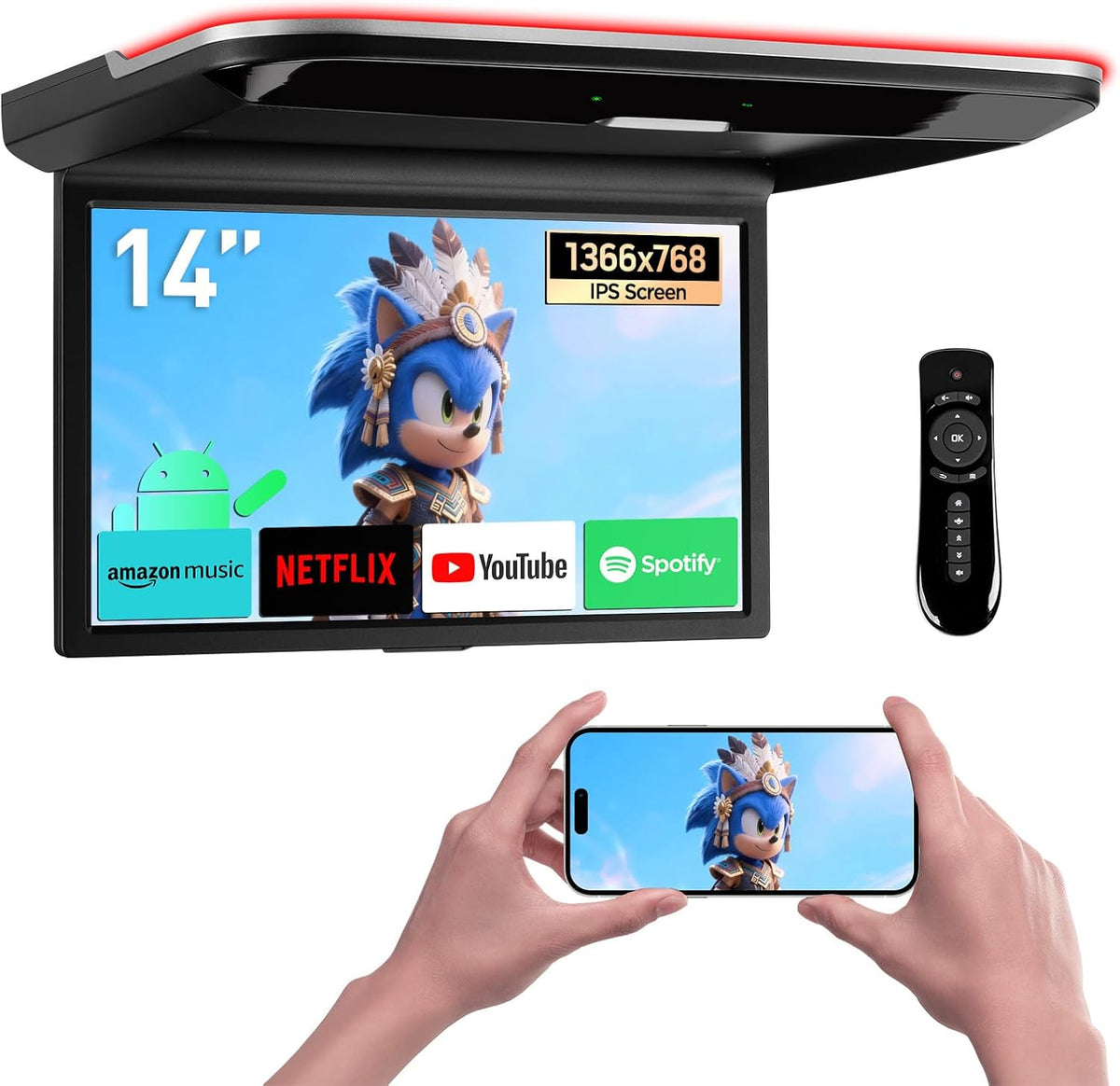 XTRONS 14-Inch Android Car Overhead Player Support HDMI, WiFi, 2GB+32GB