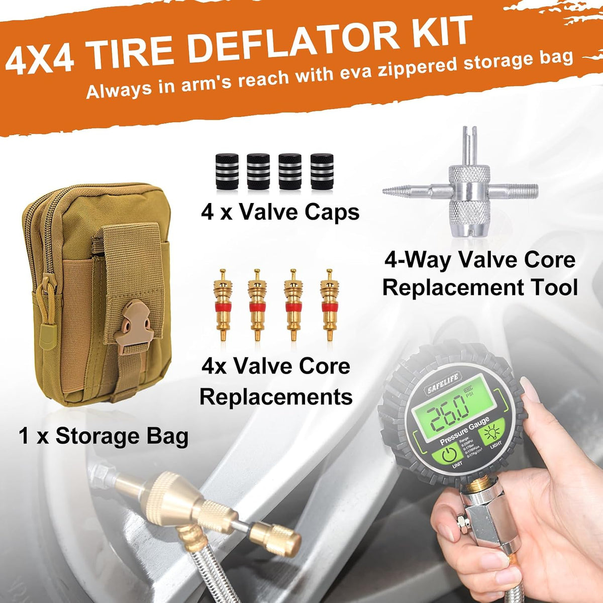 SAFELIFE 4x4 Digital Tire Deflator kit，Professional Tire Pressure Gauge 250PSI, Rapid Air Down Tire Deflators Offroad Accessories