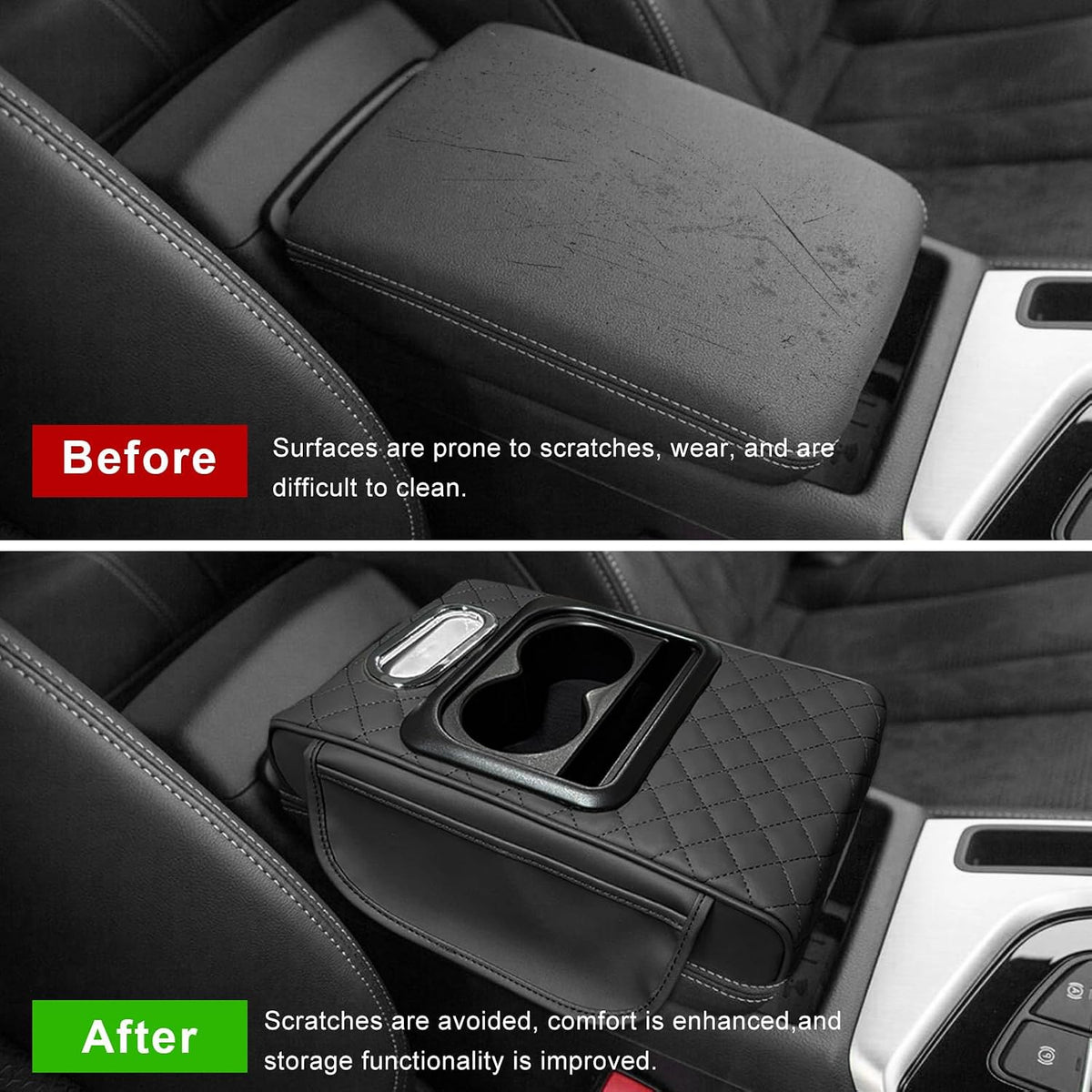 Car Center Console Armrest Pillow, Waterproof Arm Rest Cover with 2 Side Bags, Tissue Box, Phone & Cup Holder, 5-in-1 Leather Armrest Pad Interior Organizer for Most Cars (Embroidered, Black)