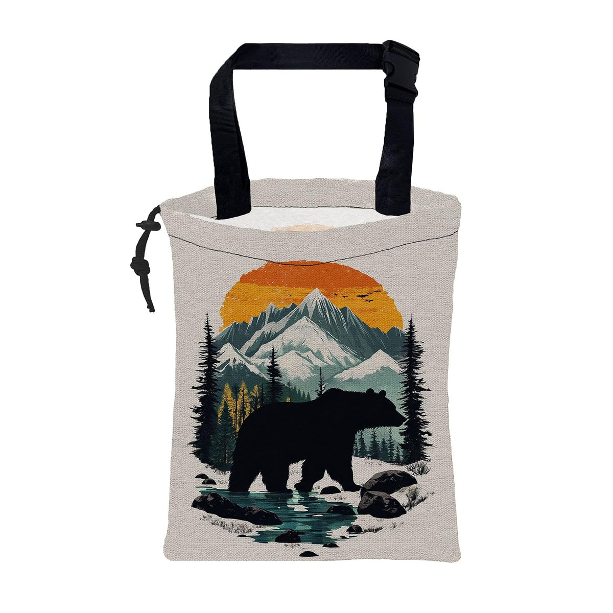 Black Bear Car Garbage Bag Mountain Orange Sunset Drawstring Car Trash Bag Hanging for Back Seat with Adjustable Buckle Canvas Vehicle Trash Can Easy-to-Install