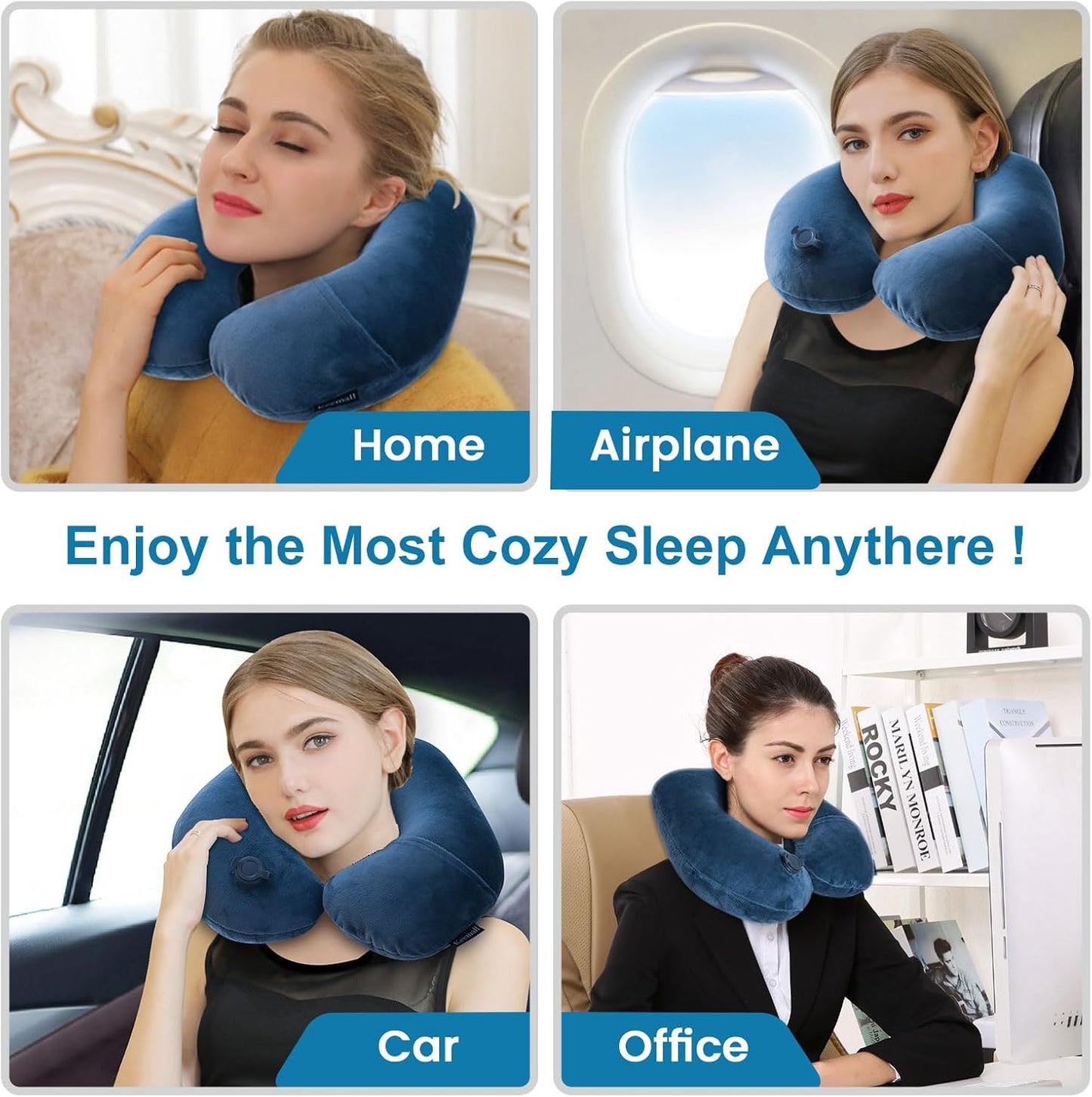 Keemall Travel Neck Pillow for Airplane, Compact Inflatable Neck Pillow for Traveling Long Flights, Adjust Firmness Neck Suport Pillow for Sleeping Plane Head Rest for Travel Accessories,Deep Blue
