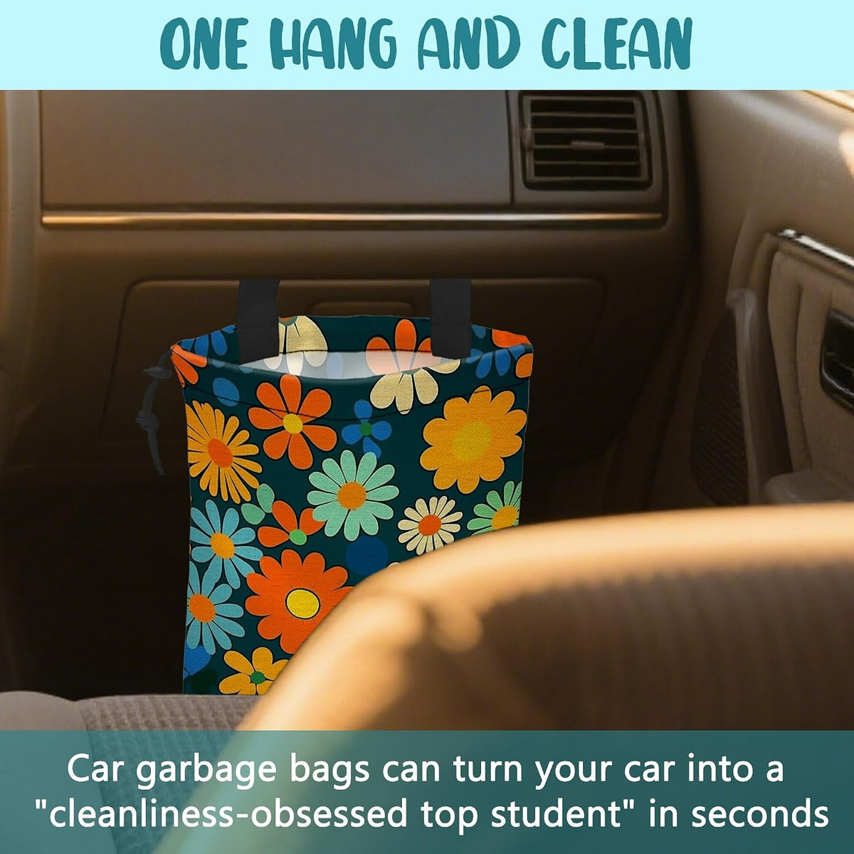 Car Trash Bag Colorful Daisy Flowers Leak-Proof Car Garbage Bag with Drawstring Foldable Canvas Trash Bin with Adjustable Buckle for Car Accessories, Travelling, Camping