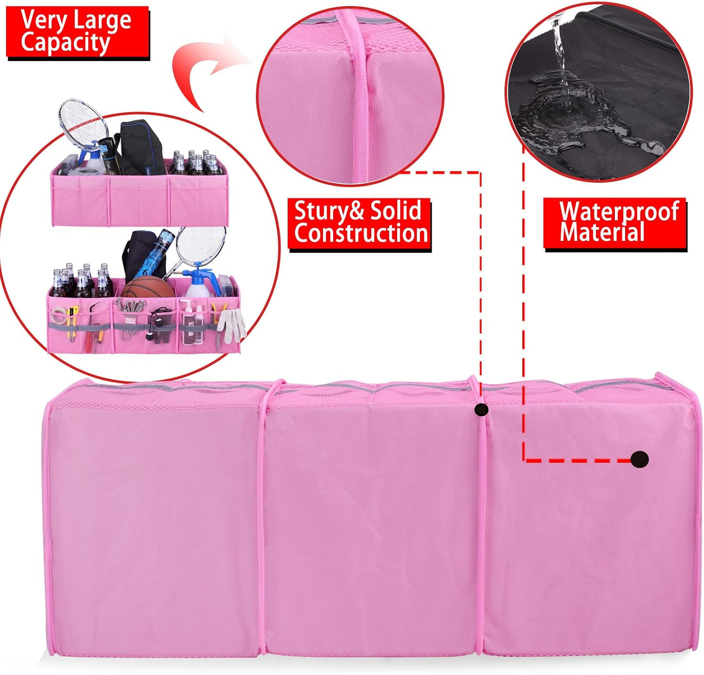 Homeve Large Collapsible Trunk Organizer with Multi Pockets, 3 Compartments Storage Organizer for Car, SUV, Minivan