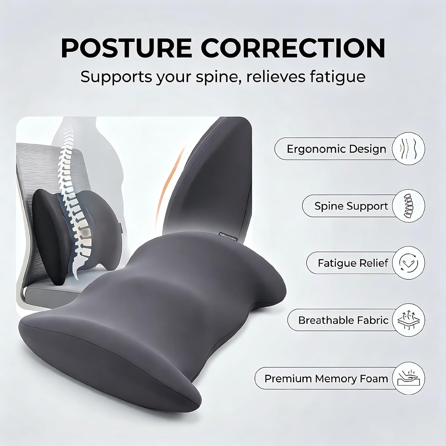Lumbar Support Pillow Memory Foam Back Cushion for Sciatica & Lower Back Pain Relief Orthopedic Posture Corrector for Office Chair Gaming Chair Car Seat Breathable Washable Dark Gray