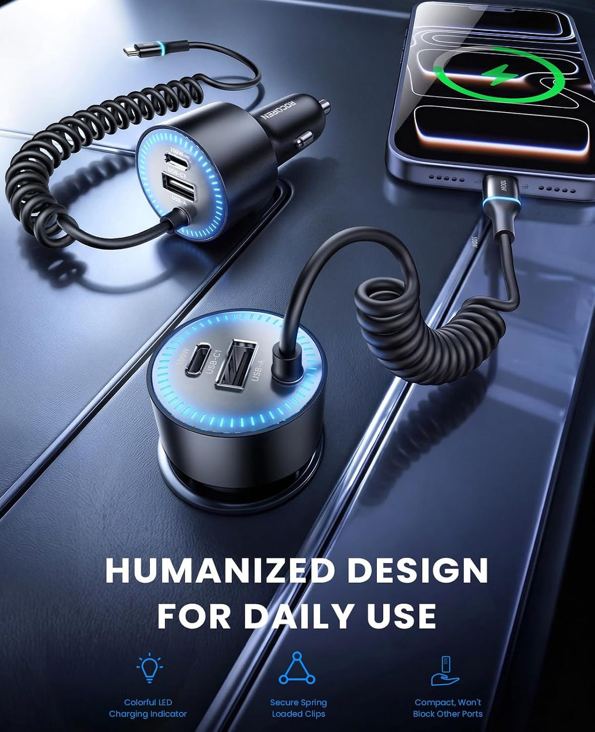 Rocoren 200W Car Charger USB C Fast Charge,PD 100W Type C Car Fast Charger
