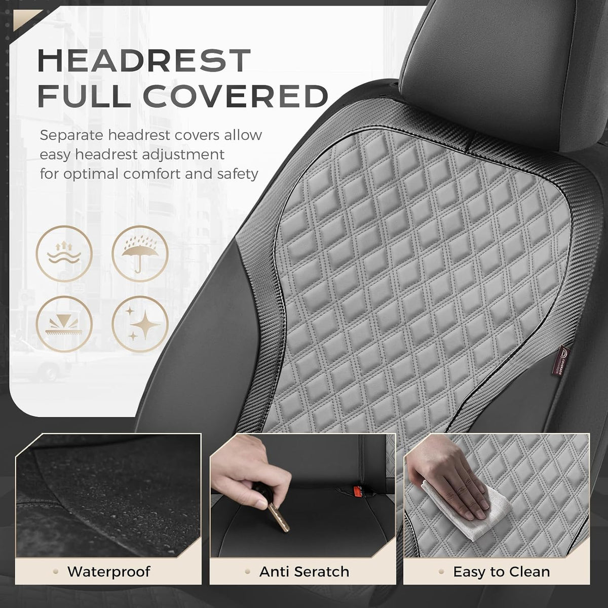 Coverado Car Seat Covers for Front Seats, Luxury Leather Car Seat Cover with Carbon Fiber Weave, Waterproof Automotive Seat Protectors, Driver Seat Covers Universal Fit Most Cars, Black&Gray