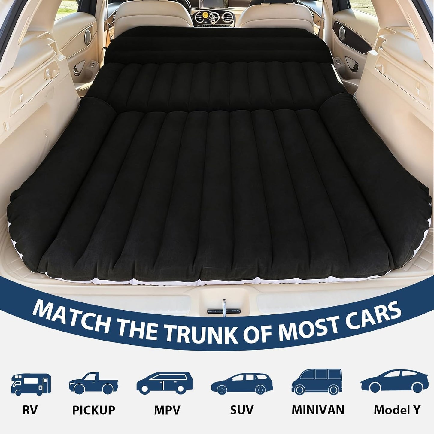 SUV Car Air Mattress – Inflatable Back Seat Bed with Electric Air Pump, Portable Camping Travel Sleeping Pad, Blow Up Car Bed (Black)