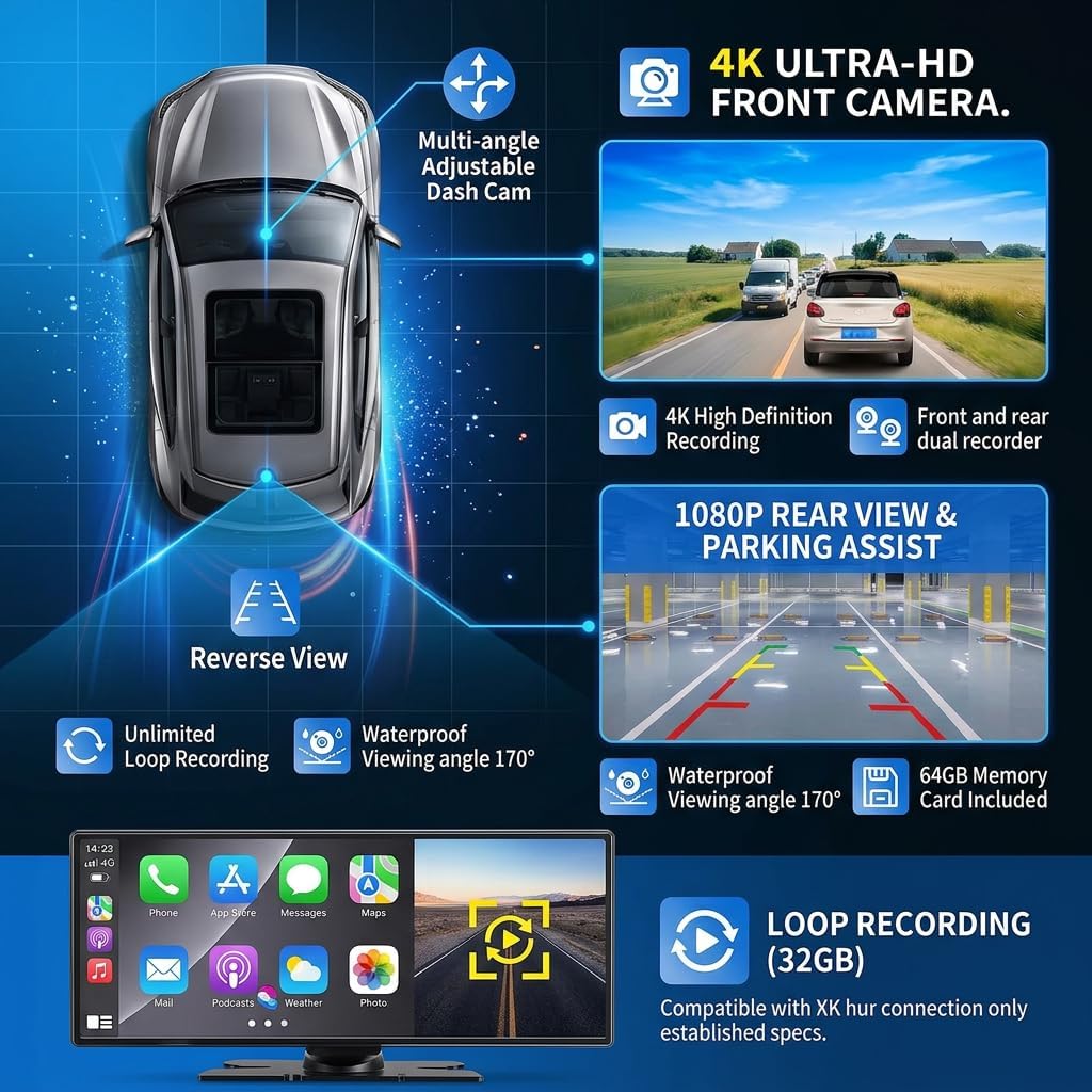 11.5 inch Wireless CarPlay Screen for Car, HD Touchscreen with Wireless CarPlay & Android Auto, 4K Dash Cam, 1080P Backup Camera, Navigation, Bluetooth, Voice Control, FM Transmitter, Mirror Link