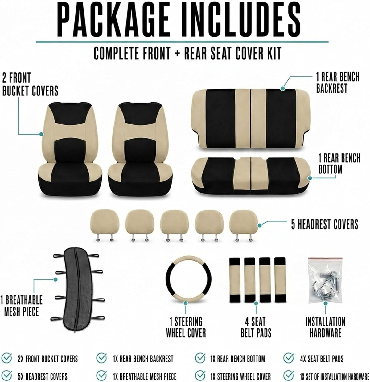 Automotive Seat Covers Beige Black Universal Fit Seat Cover Combo Set with Steering Wheel Cover and Seat Belt Pad (Airbag Compatible and Split Bench)
