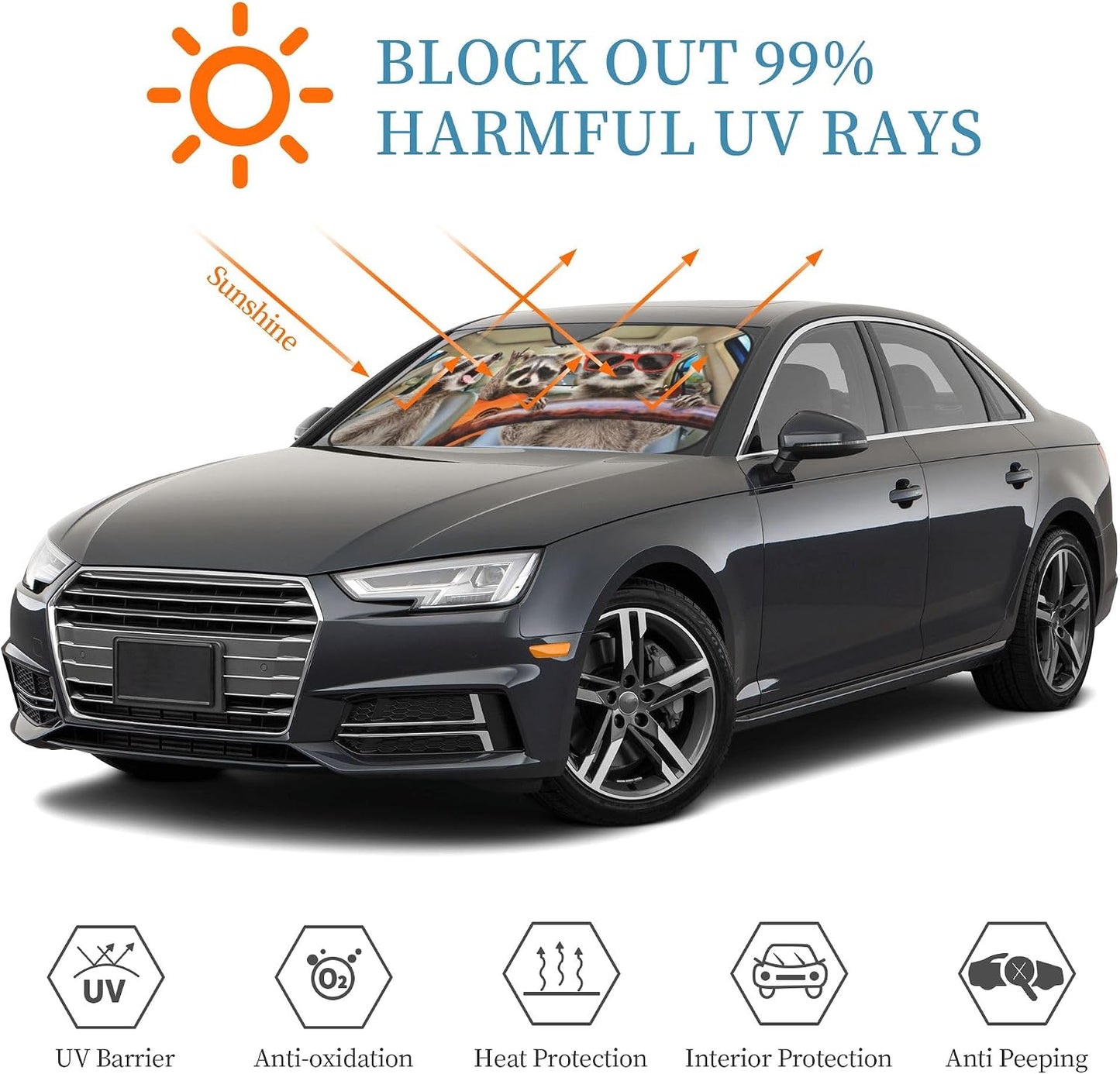 Begarm Three Funny Raccoons Animals Windshield Sun Shade for Car SUV Truck (51" X 27.5") Front Window Sun Shade Visor Shield Cover (Upgrade Hardened)