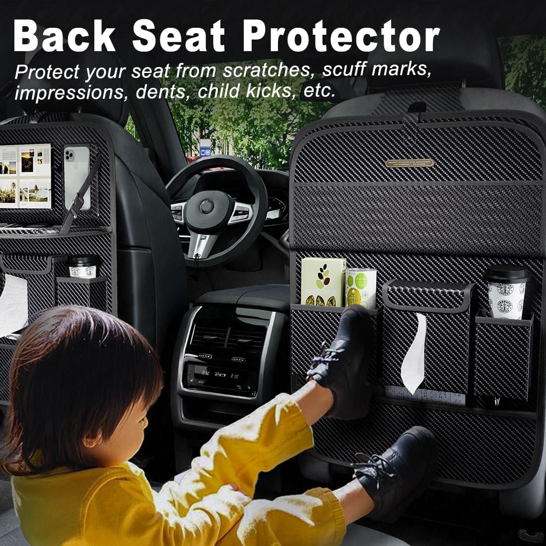 XDV Car Seat Organizers,Multi-functional Back Seat Protectors, Storage Pouches, and Tray Holders (for Cars, Kids, Seat Back and Rear Seats) (Carbon Fiber, 1 Pcs)