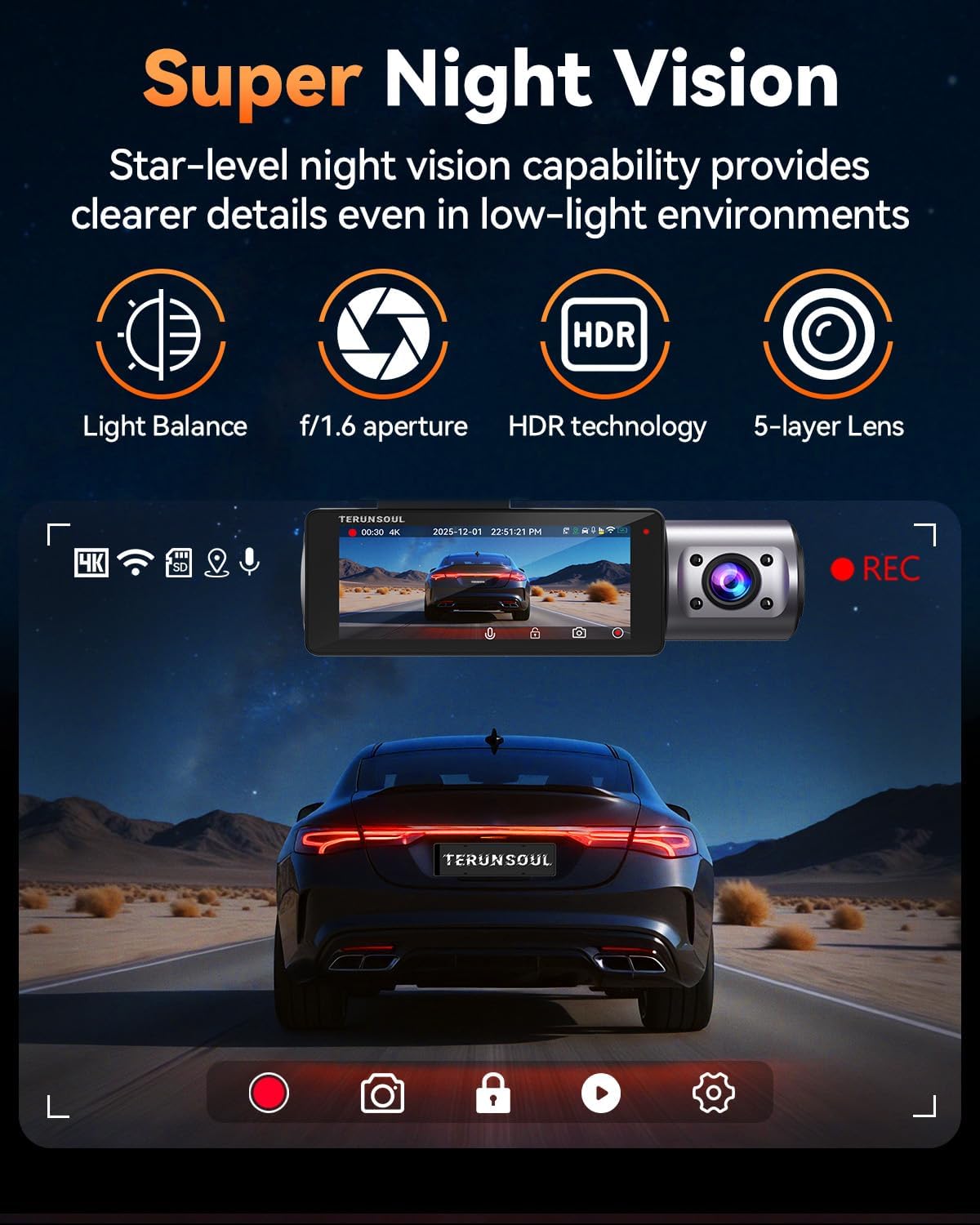 4K Dash Cam Front and Rear, Full HD 3 Channel Dashcam, Free 128GB Card