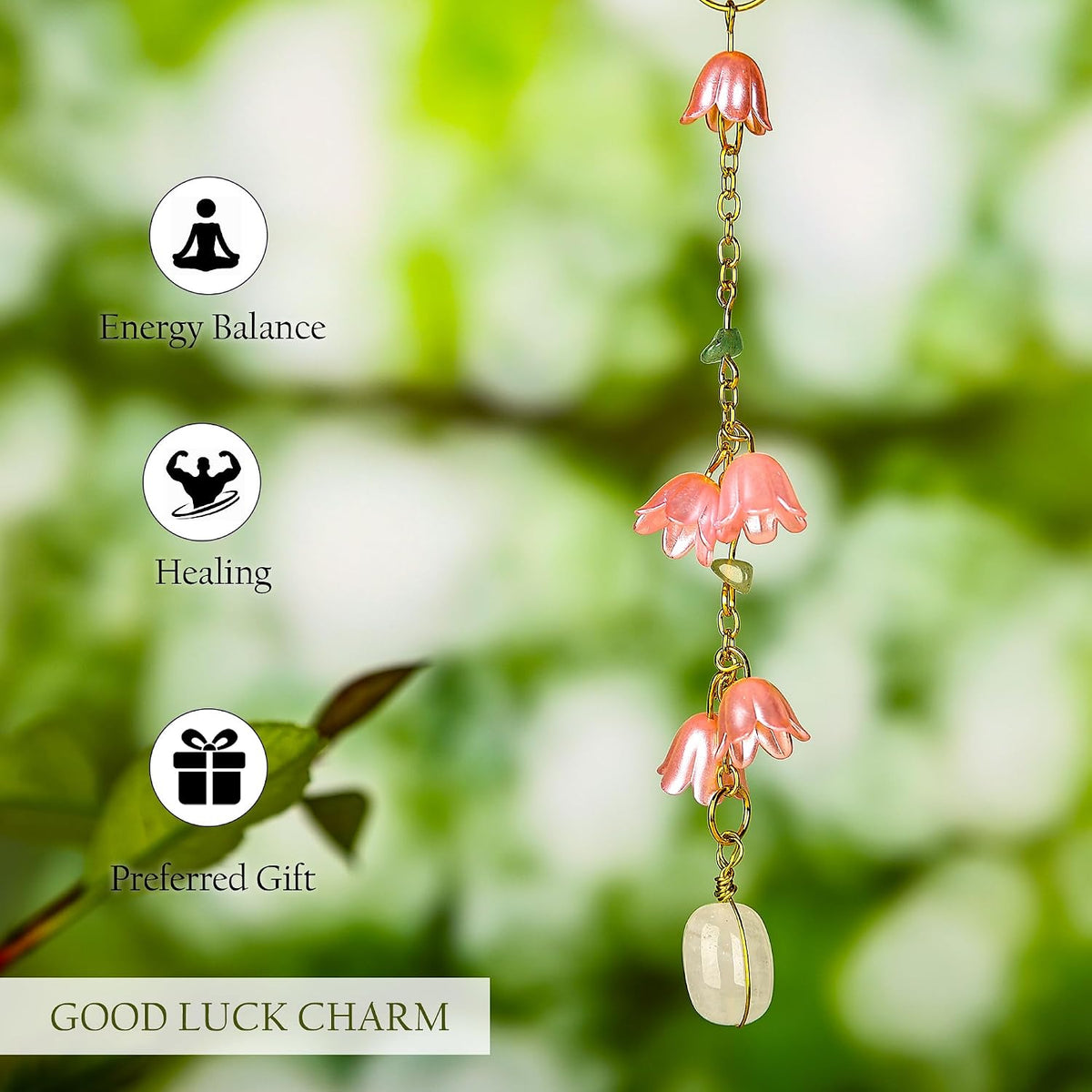 Car Rear View Mirror Accessories Car Hanging Ornament, Dark Pink Lily of The Valley Handmade Crystal Rearview Decor Charm Clear Quartz Beads Flower Swinging Interior Decor for Women Men