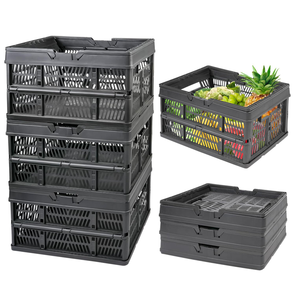 EasyFold Collapsible Crate, Collapsible Shopping Basket, Milk Crate, 3 Pack (9L (2.4 Gal), Black)