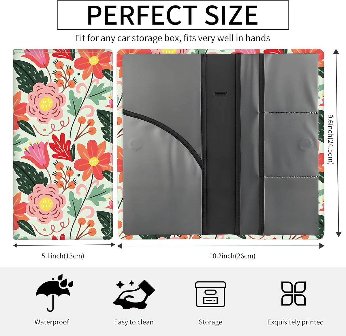 Premium Car Registration and Insurance Card Holder, Cute PU Leather Car Document Holder, Vehicle Glove Box Car Organizer with Magnetic Closure for Driver License, Cards Bright Exotic Floral