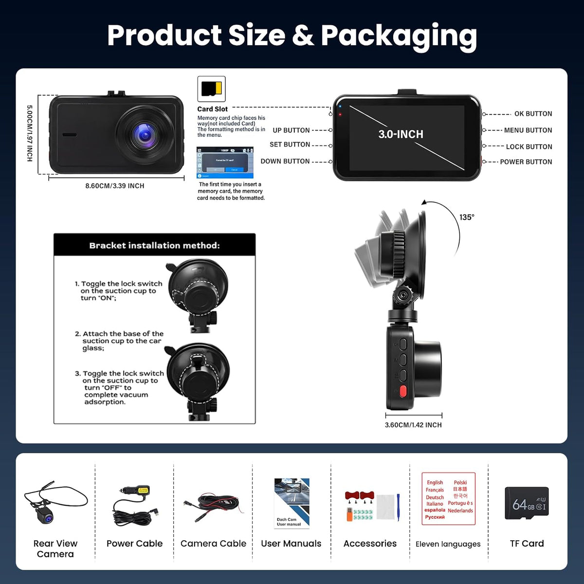 4K Dual Channel Dash Cam 360° Front and Rear 3'' Car Camera with 64G Card