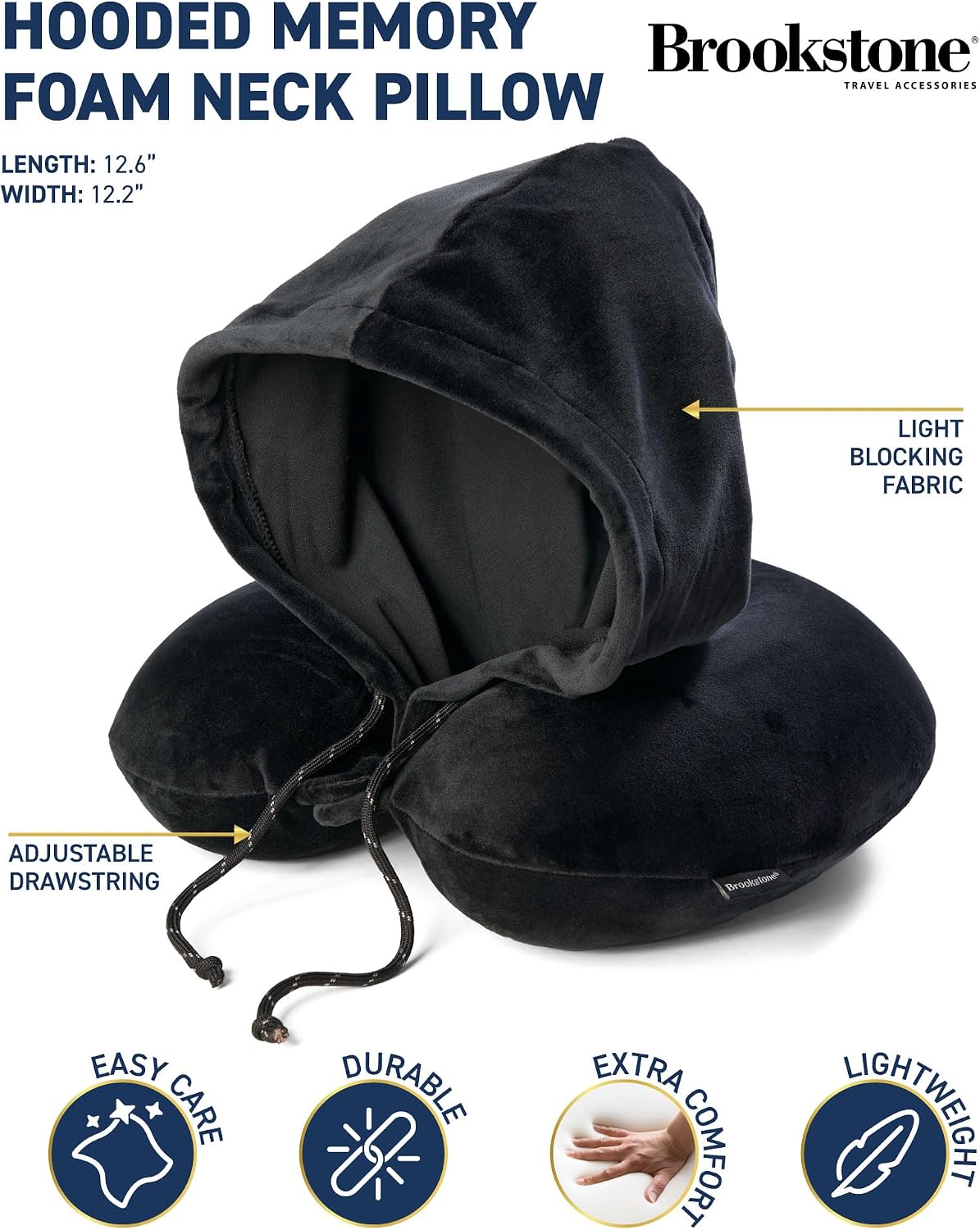 Brookstone Neck Travel Pillow - U-Shaped Memory Foam Hooded Neck Pillow with Snap Closure for Sleeping Airplane Car Travels, Size One Size, Black