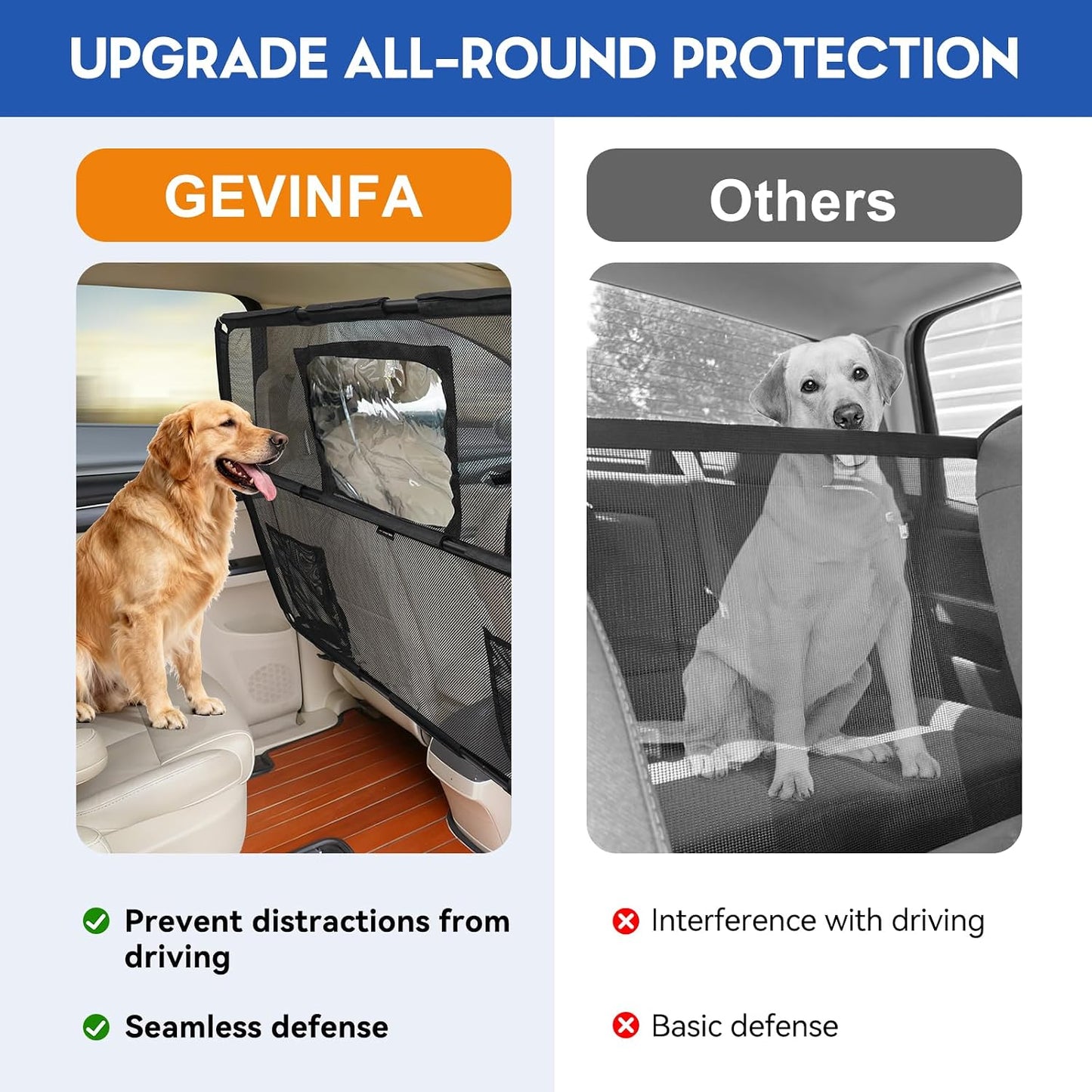 52" Dog Car Barrier for SUV, Wide Escape-Proof & Chew-Proof Dog Car Divider with Removable Visual Window & 2 Storage Pockets, Pet Net Gate for Behind Front Seats, Fits Sedans Cars Trucks