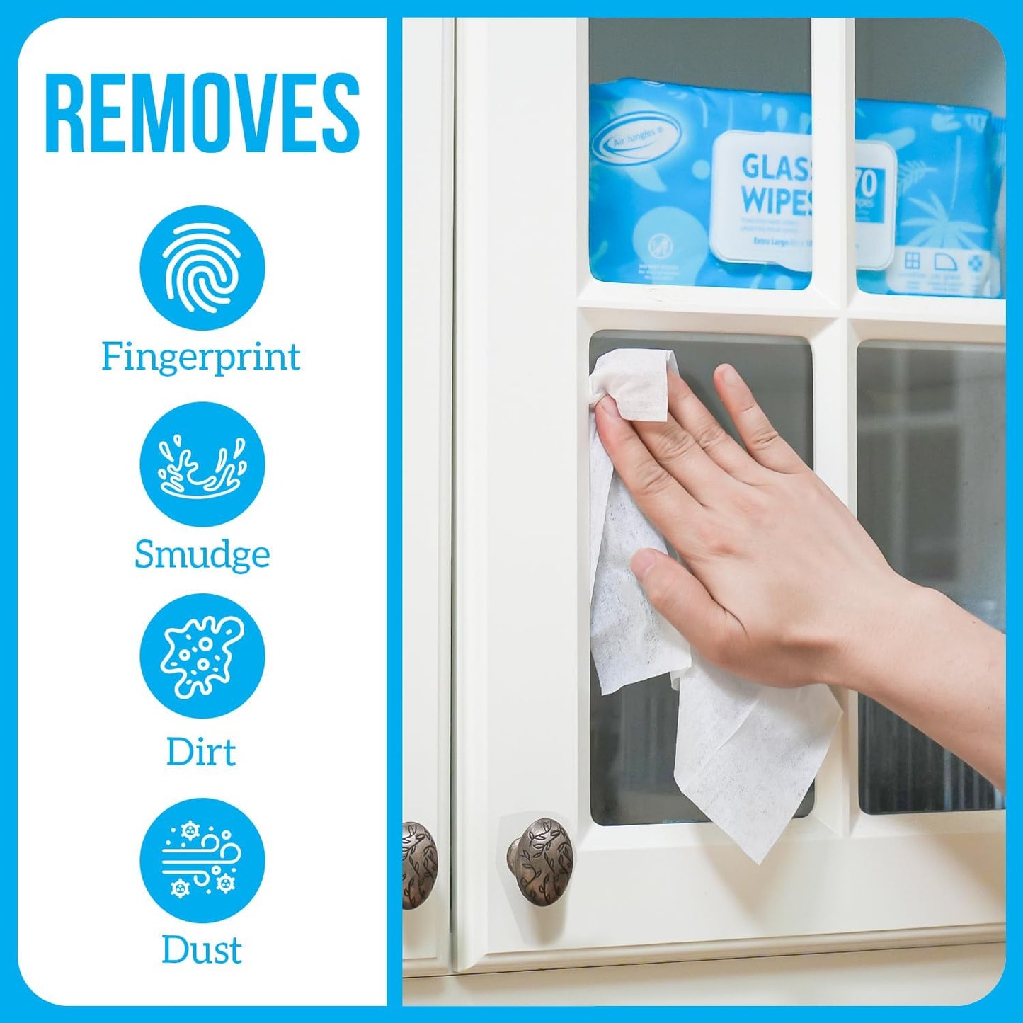 Air Jungles Glass &amp; Window Cleaner Wipes 70 Count, XL 8x10 Inch | Ammonia-Free, Streak-Free, Safe For Car Windshield, Headlight, Mirror, Tile &amp; Home Glass, Removes Fingerprints, Dust, Dirt