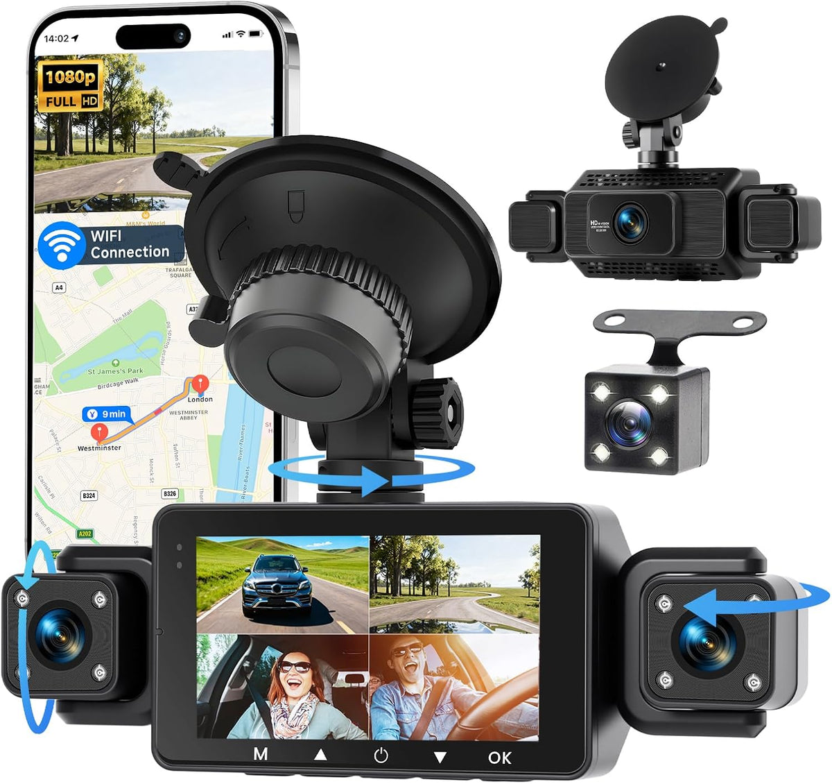 Hodozzy 4 Channel Dash Cam 360° View Front and Inside Rear, 3 Inch 1080P Full HD Dash Camera for Car with 5G WiFi & App, Night Vision, Parking Mode, G-Sensor, Loop Recording