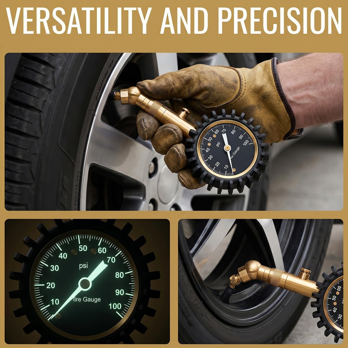 Car Tire Pressure Gauge, 0-100 PSI Easy-Read Vehicle Tire Air Pressure Gauge, Accurate Automotive Tirepressure Accessories with Large Dial, Universal Fit (Golden)