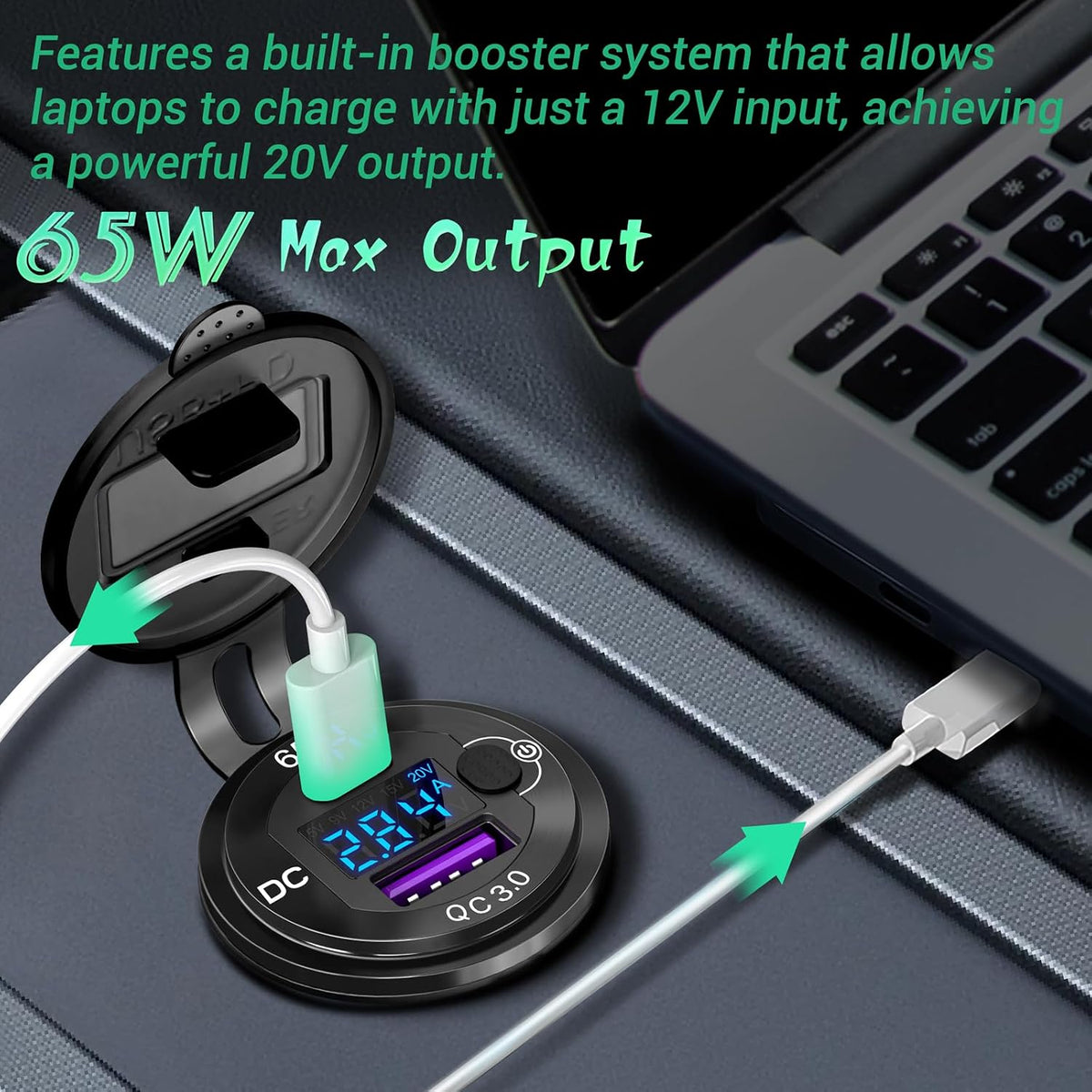 83W 12V USB Outlet, USB C Car Charger Socket with 65W PD3.0 & QC3.0