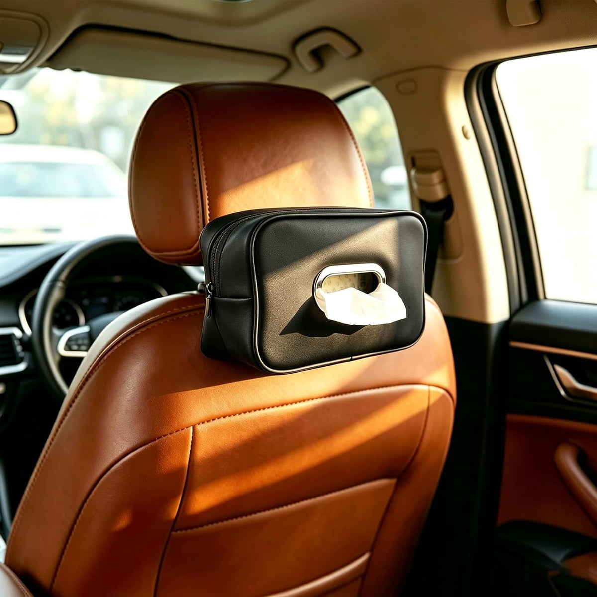 Car Tissue Holder, Large PU Leather Tissue Box Cover for Car