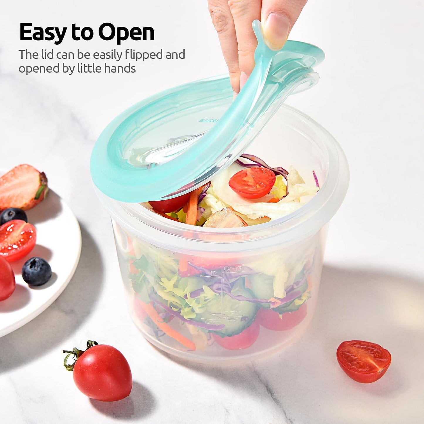 U-Taste 2 Cup Silicone Food Container: Meal Prep Kitchen Storage with Airtight Lid, Freezer & Microwave Safe, Lunch Box with Date Marking Circle, Clear Stackable for Portion Control (2-PC, Aqua Sky)