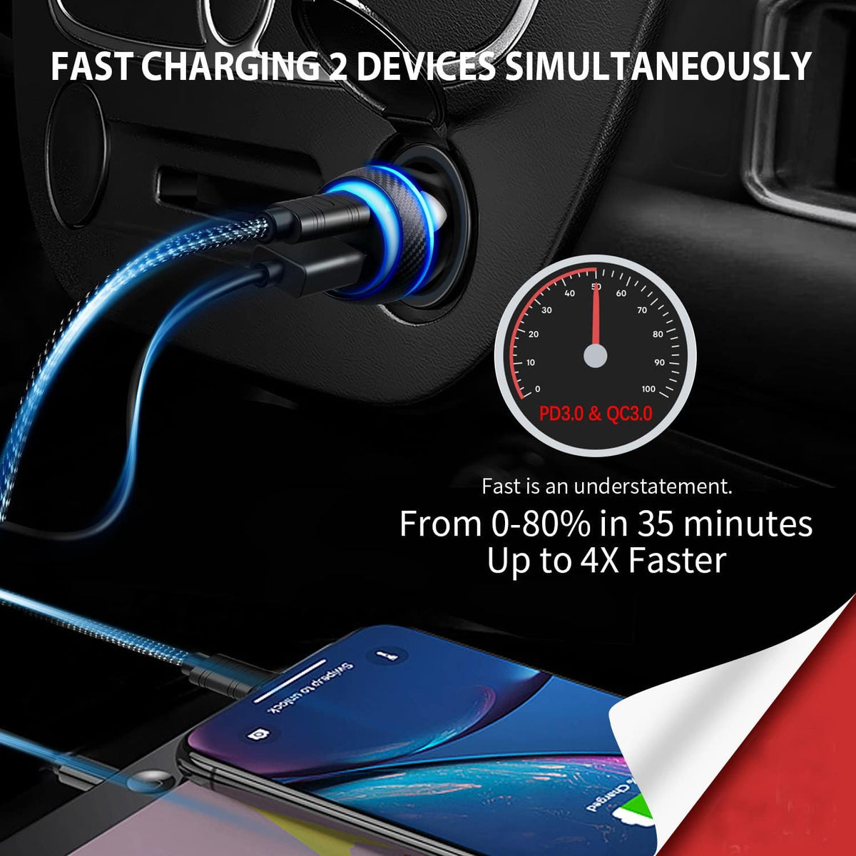 2-Pack PD Fast Car Charger for iPhone 17/16/15, [USB C PD/PPS & USB A QC3.0] 45W Super Fast Car Cigarette Lighter Adapter Compatible for Samsung S25/S24/S23 with 4FT Type C Cord