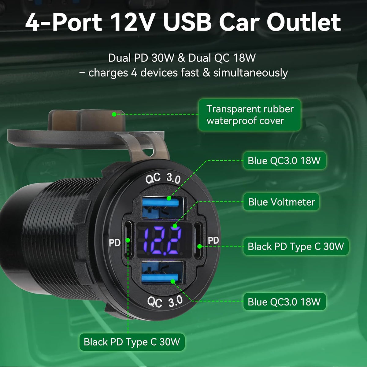 2 Pack 12V USB Outlet 4-Port, 78W Dual PD30W & QC3.0 Fast Charger