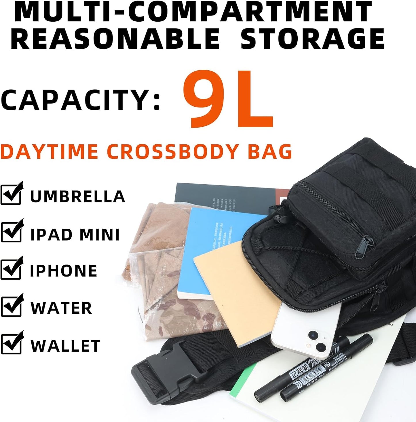 J.SH Tactical Sling Bag, Military MOLLE System Crossbody Bag, Waterproof Durable High-Density Nylon Material, 4-in-1 Carry Design, for Hiking, Cycling, Travel, Commuting, Outdoor and EDC - Black