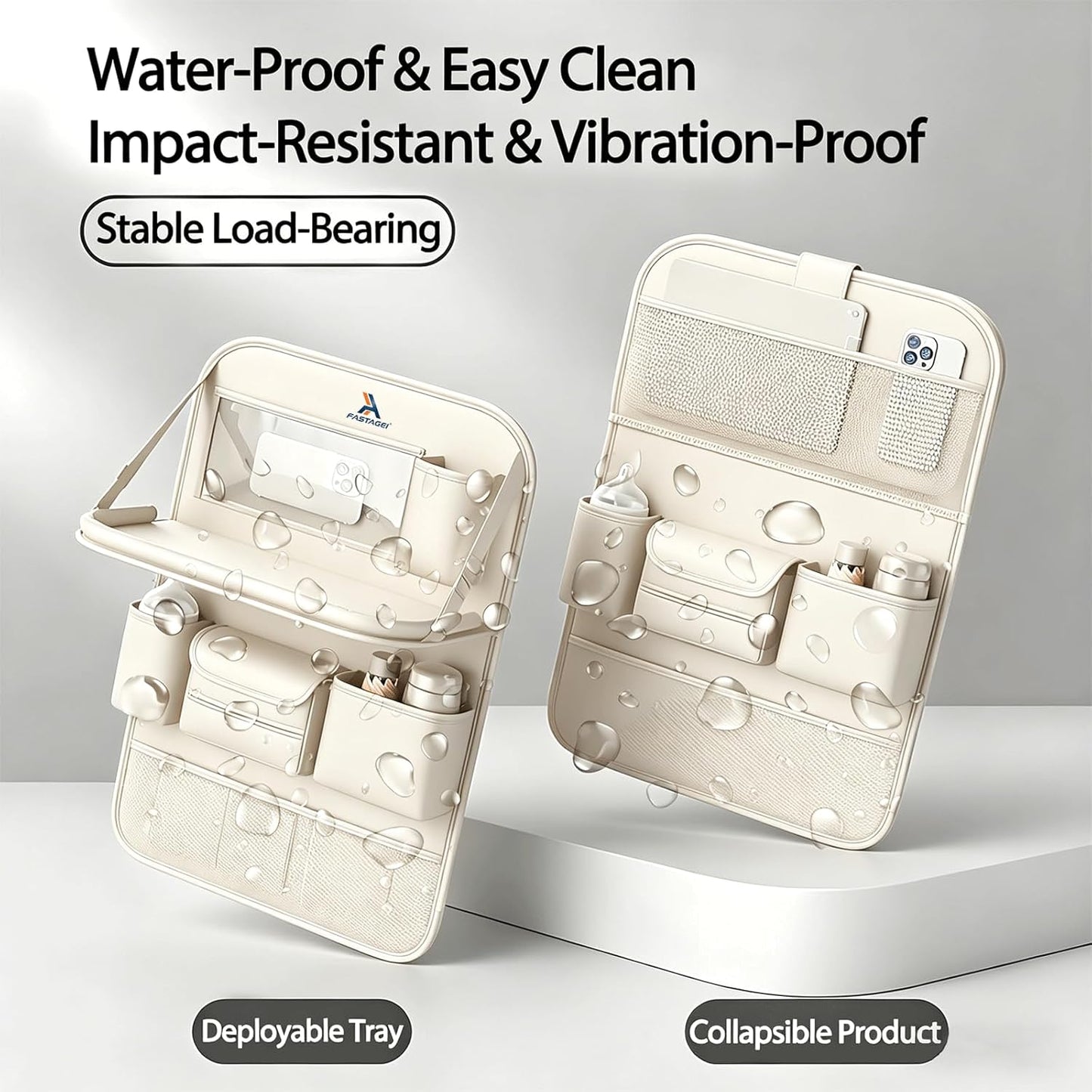 2 Pack Universal Foldable Car Backseat Organizer with Table Tray, Car Seat Back Protector with Touch Screen Phone Holder, Premium Leather Kick Mats with Storage Pockets Tissue Holder (Beige)