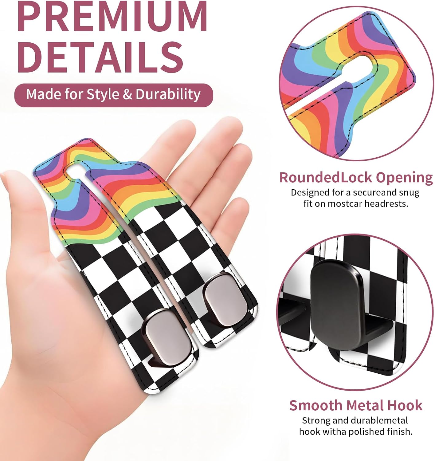 Car Seat Back Storage Hook, Funny Car Purse Hook, Cute Vehicle Storage Organizer for Purses Handbags Rainbow Black Checkerboard