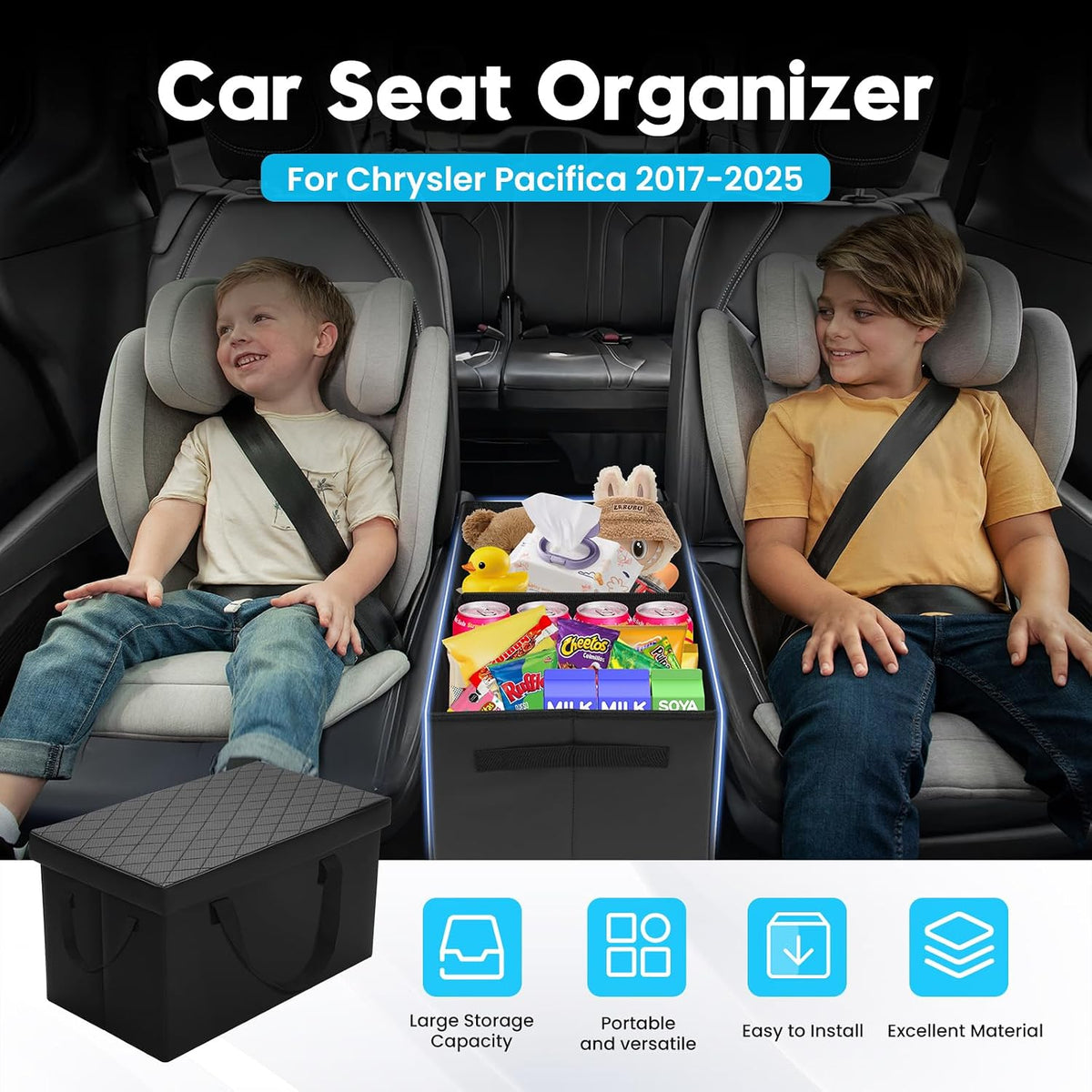 Autorder Car Seat Organizer for 2017-2025 2026 Chrysler Pacifica Accessories Portable Backseat Organizer with Lid Handles Multipurpose Car Floor Storage for Kids Toys Baby Products Daily Necessities