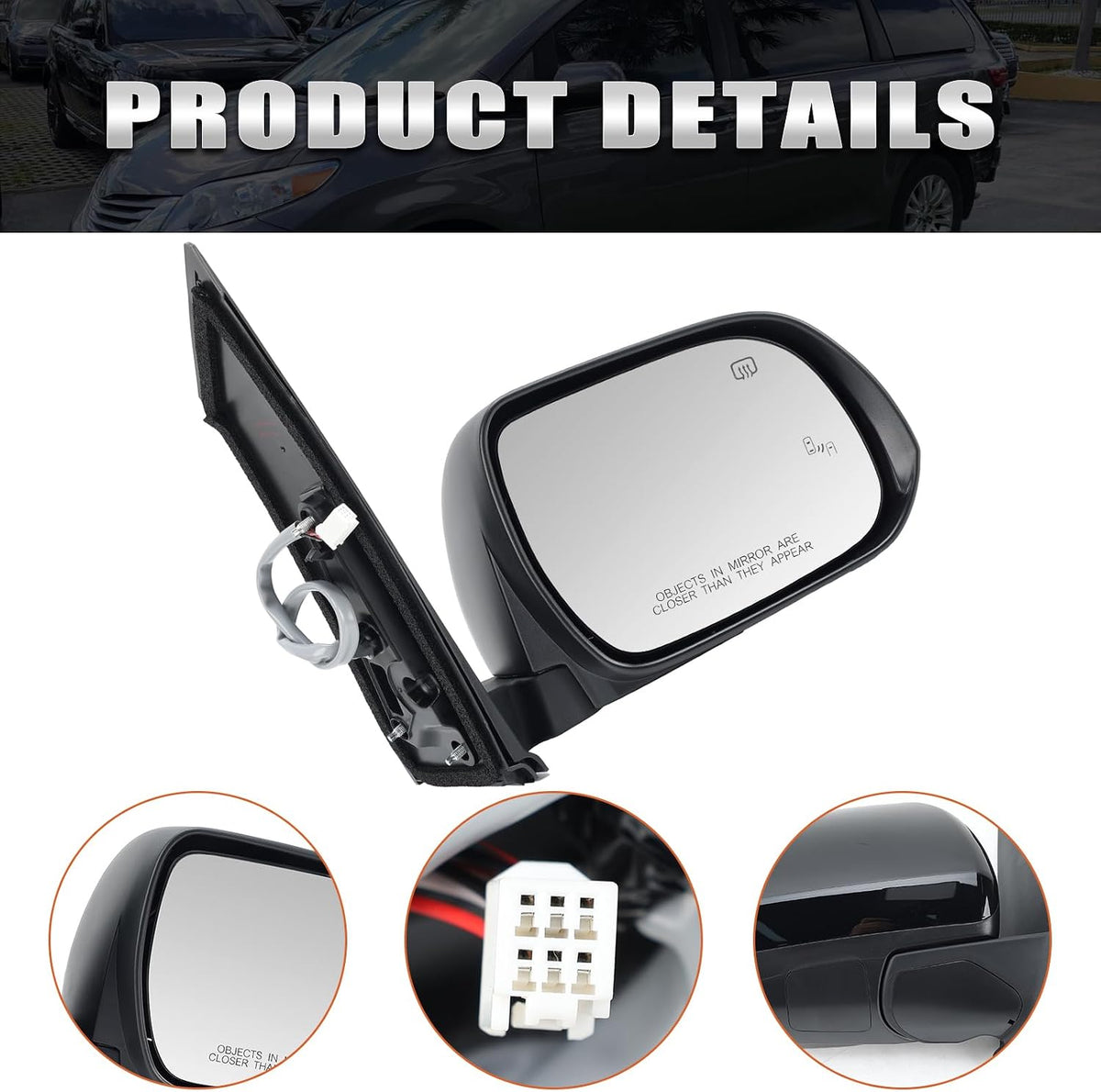 Right Passenger Side Mirror Compatible with Toyota Sienna 2013-2017 Heated, with Blind Spot Detection, Power Glass, Manual Folding, 6H6P, Door Mirrors Black Replace# 87910-08113, TO1321301