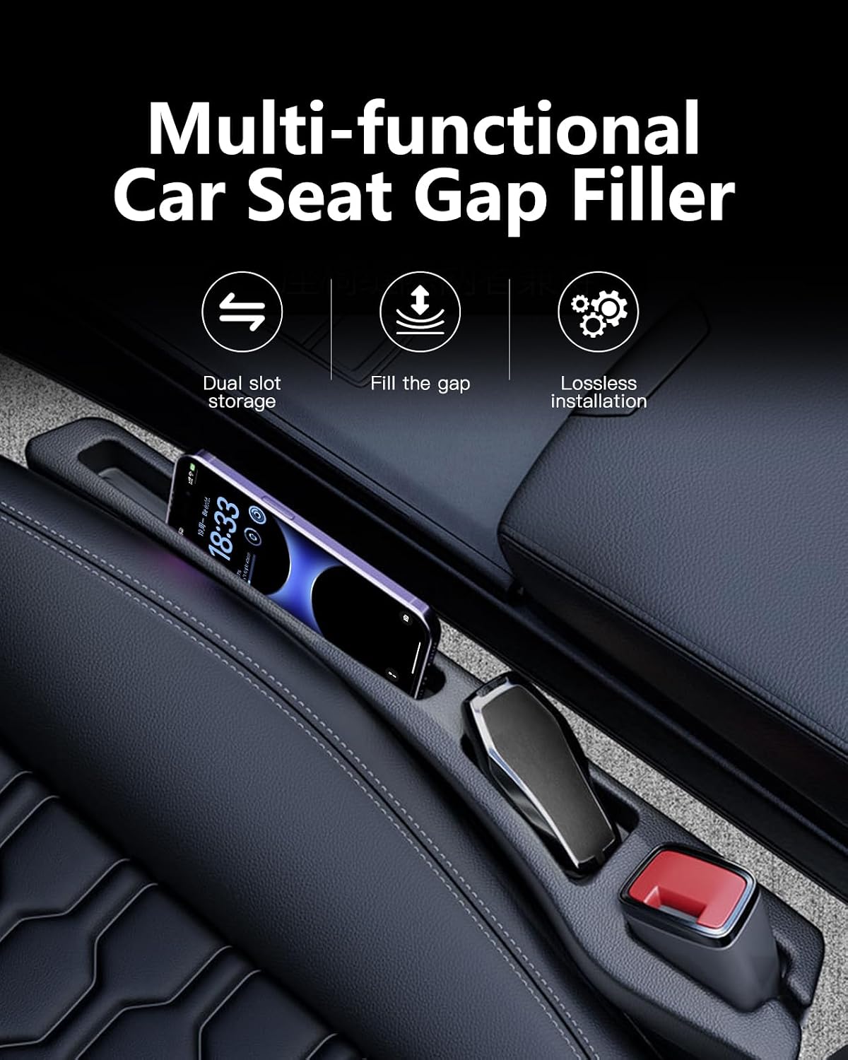 Car Seat Gap Filler 2 Pack, Soft Foam Multifunctional Seat Side Gap Filler with Organizer, 2 in 1 Seat Crevice Blocker Stop Things from Dropping, Universal Vehicle Interior Accessories Black