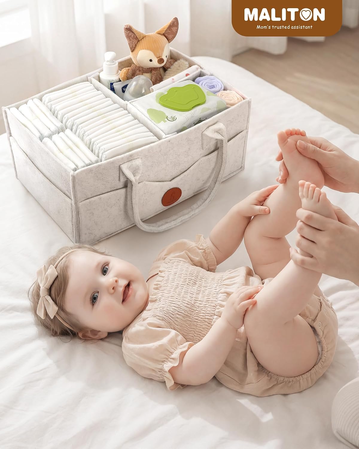 Maliton Baby Diaper Caddy, Nursery Storage Bin & Car Organizer with Handle, Large Felt Bag for Newborn essentials Boy or Girl, Changing Table Organizer for Baby Stuff, 15" x 9" x 7" Baby Shower Basket