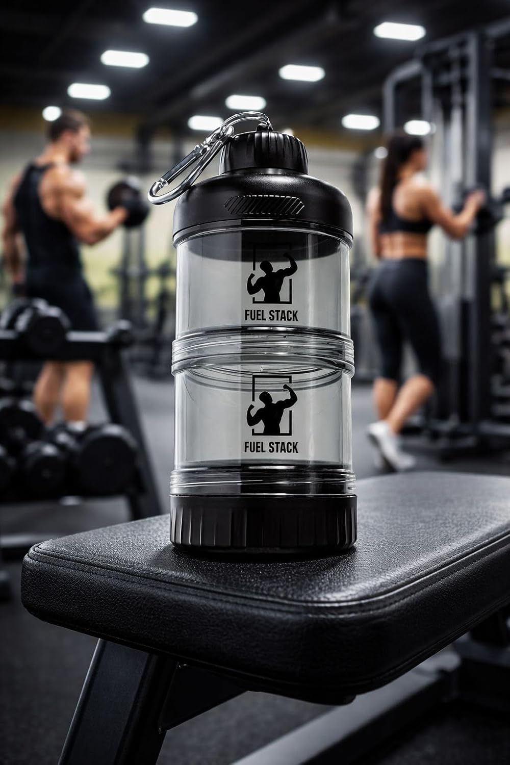 FuelStack Stackable Supplement Container (Black) – Portable Protein Powder Storage for Gym & Travel – Modular Twist-Lock Jars with Supplement Tray & Carabiner – Leakproof, BPA-Free