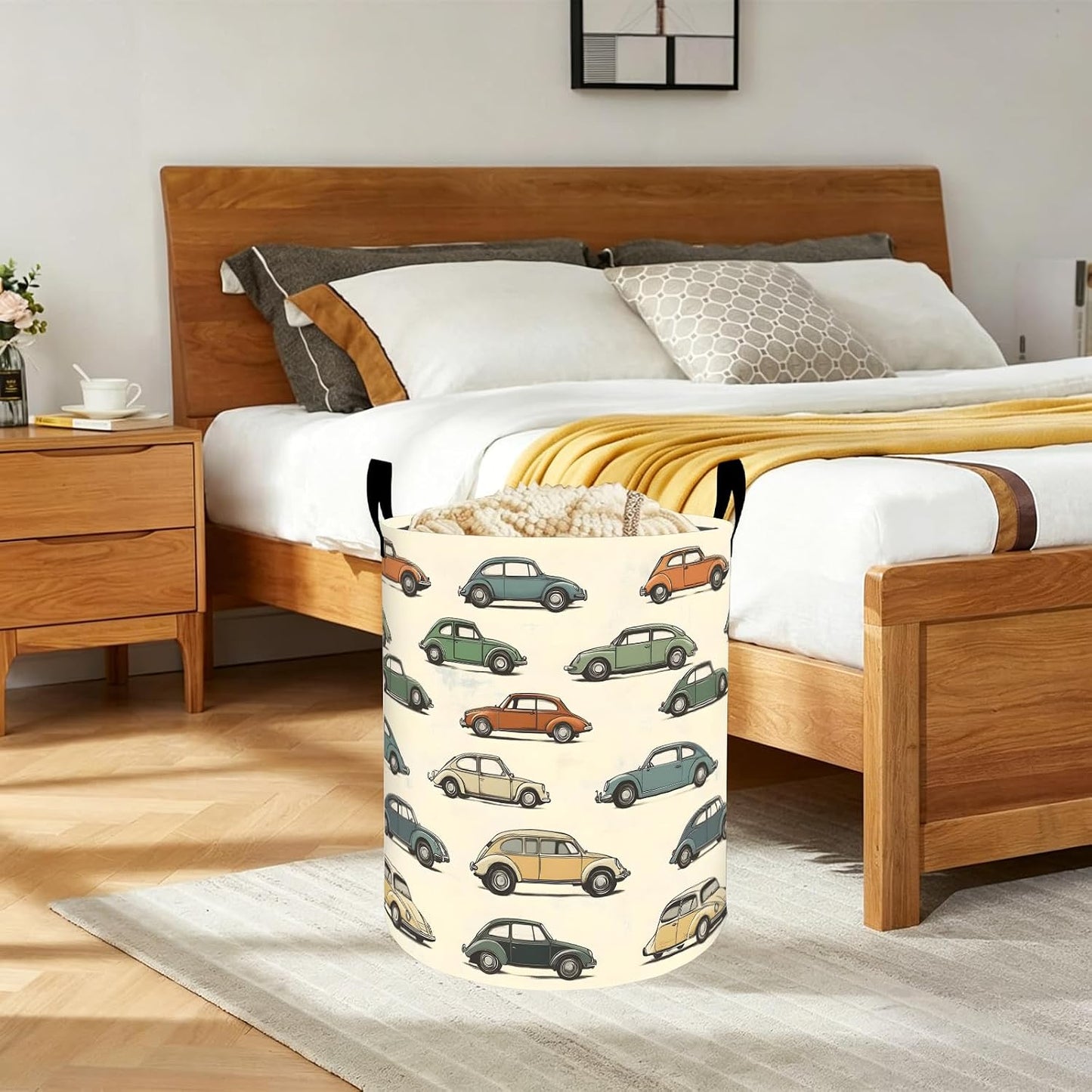 Classic Car Laundry Basket Vintage Vehicle Cartoon Waterproof Oxford Fabric Cloth Storage Hamper, 19.7x15.7 Inch Retro Auto Portable Dirty Baskets Decor Gifts for Living Room Bathroom