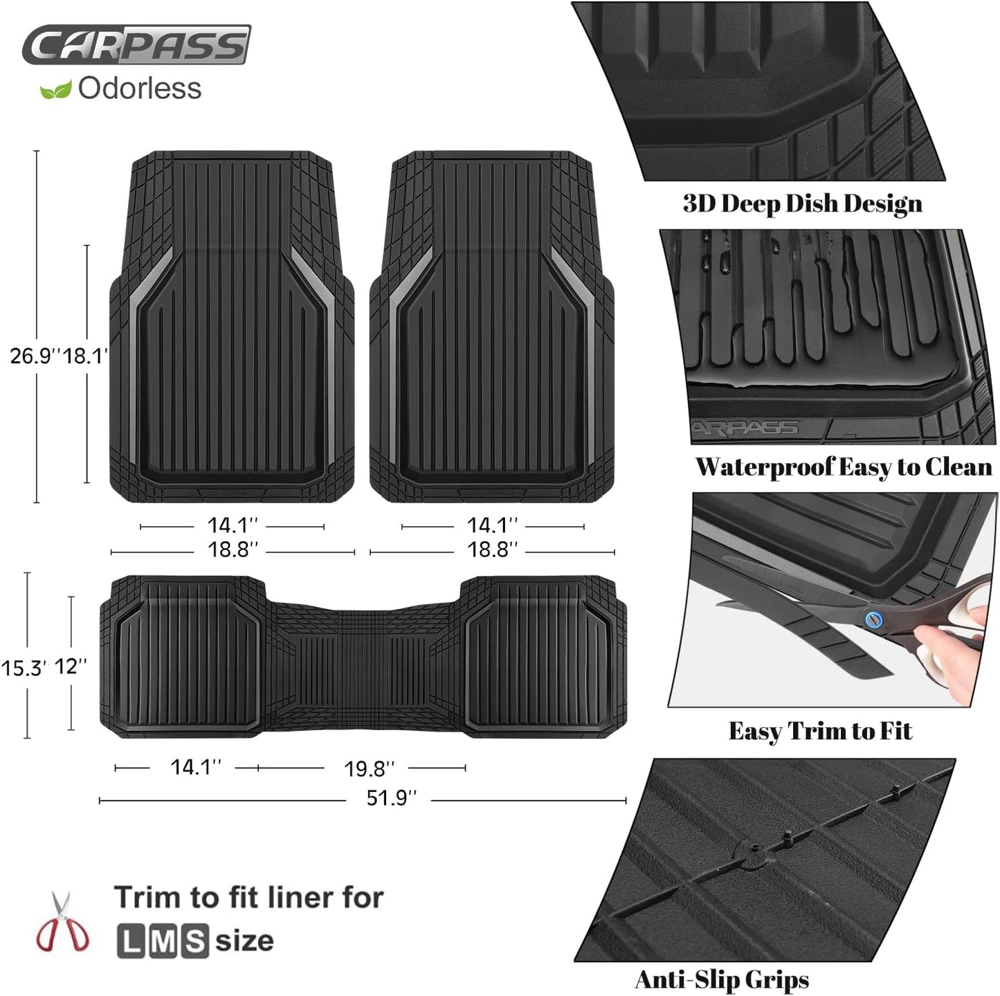 CAR PASS Heavy Duty Rubber Floor Mats for Car, Waterproof Liner Deep Dish Car Mats Full Sets, Universal Trim to Fit for SUV Truck Sedans Vans, All Weather Automotive Floor Mats 3pcs, Black and Gray